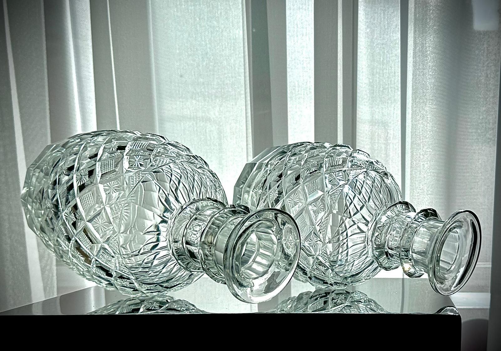 Pair Of Victorian Cut Glass Decanters With Diamond & Hobnail Cutting, England C.1880–1900 photo vintage