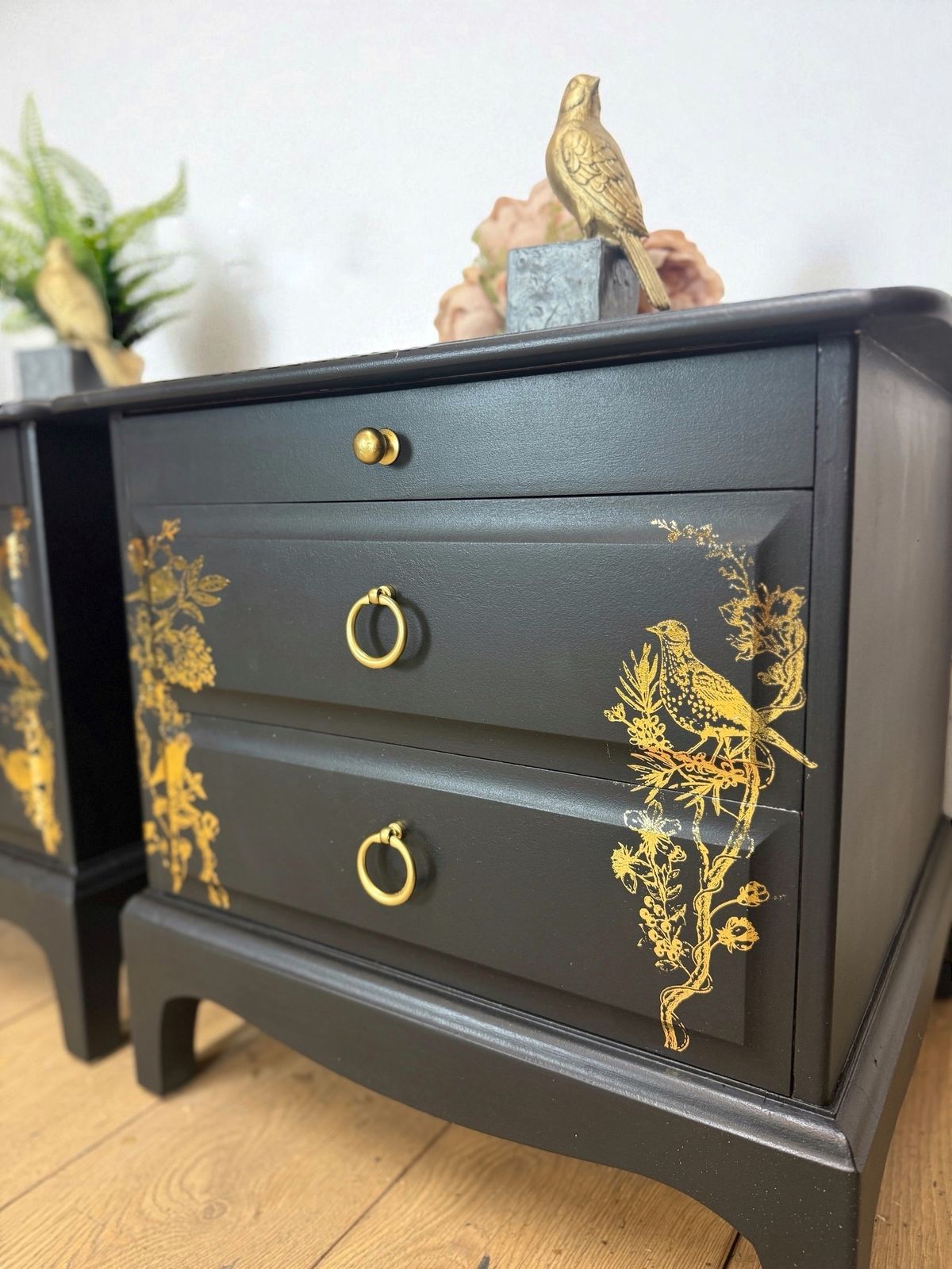 Refinished Black And Gold  Stag Minstrel Bedside Table, Floral With Birds photo 545.0