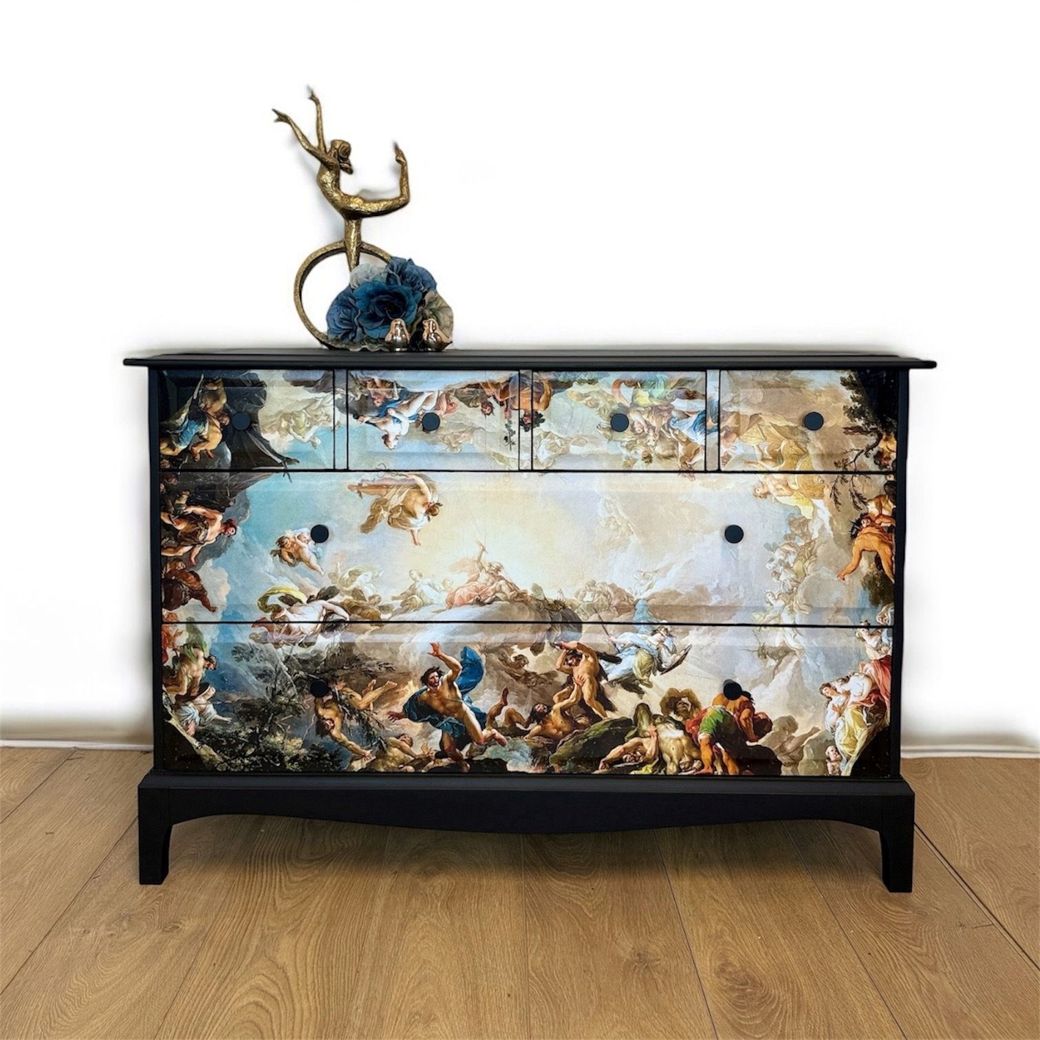 Stag Minstrel Chest Of Drawers Black With Renaissance Inspired Mural, Baroque Sideboard, Tv Stand, Sistine Chapel, Michelangelo