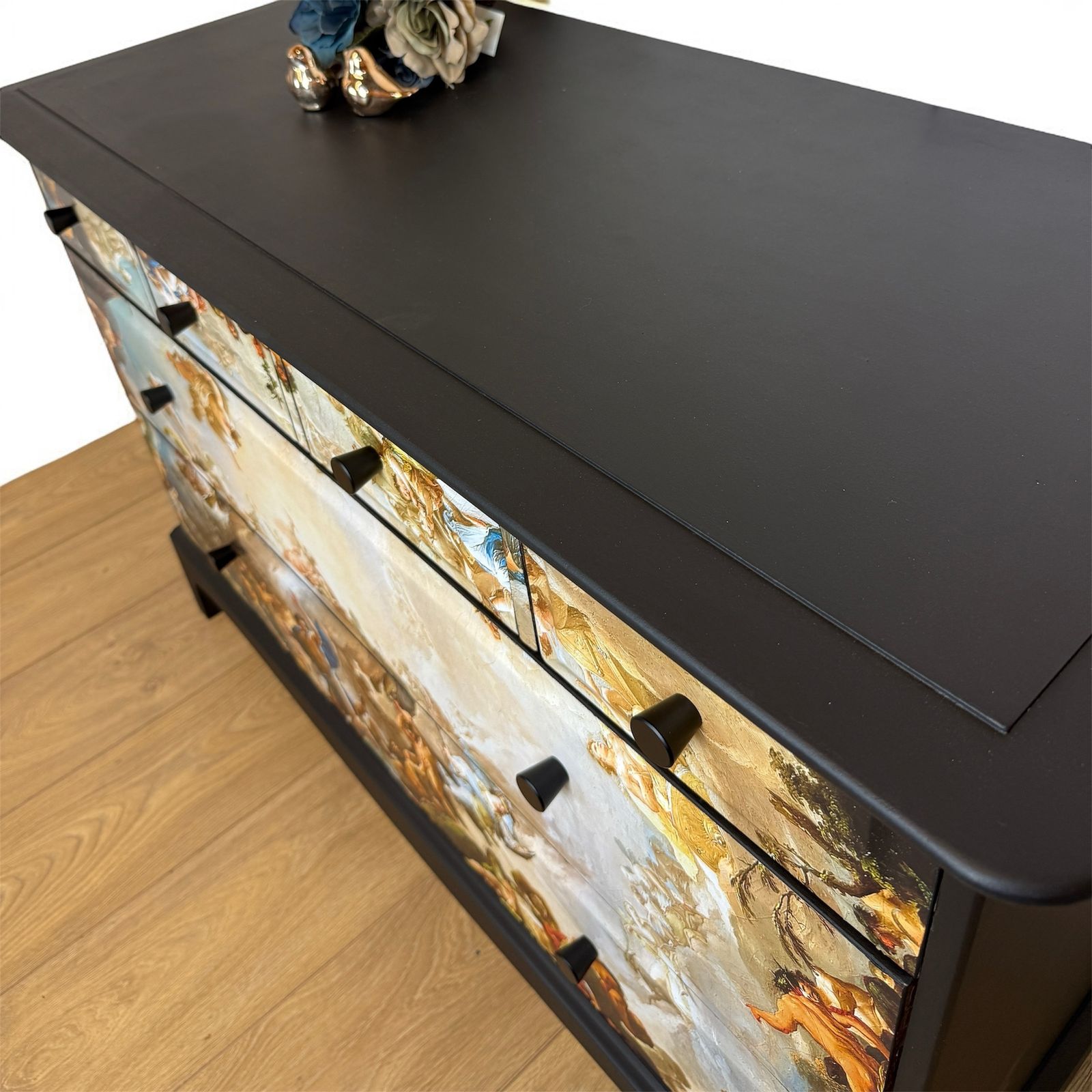 Stag Minstrel Chest Of Drawers Black With Renaissance Inspired Mural, Baroque Sideboard, Tv Stand, Sistine Chapel, Michelangelo photo vinterior