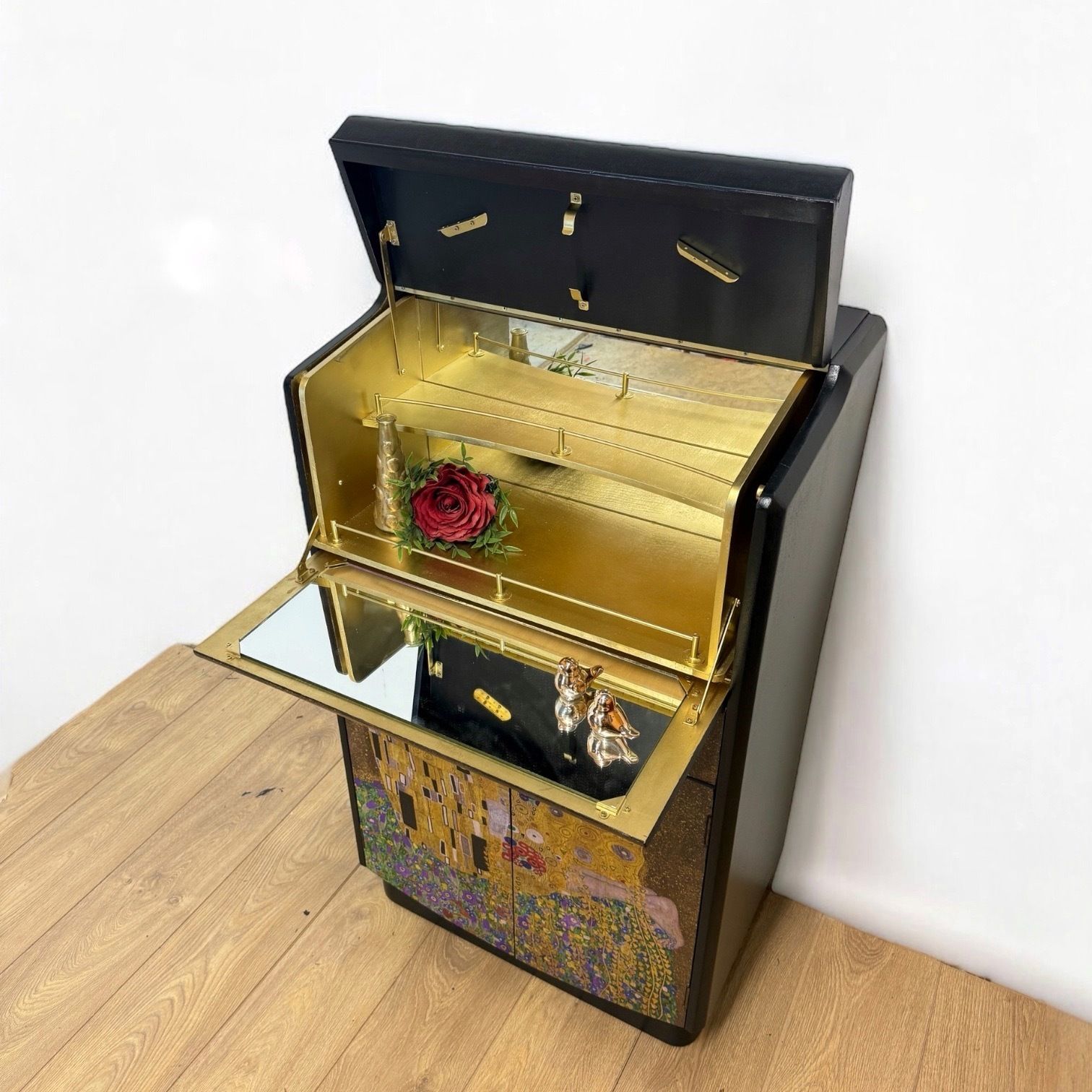 Black Art Deco Nathan Cocktail Cabinet With Gustav Klimt The Kiss Mural, Black, Drinks, Dresser photo for sale