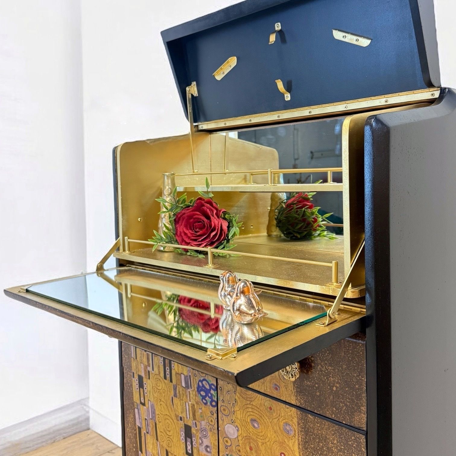 Black Art Deco Nathan Cocktail Cabinet With Gustav Klimt The Kiss Mural, Black, Drinks, Dresser photo buy