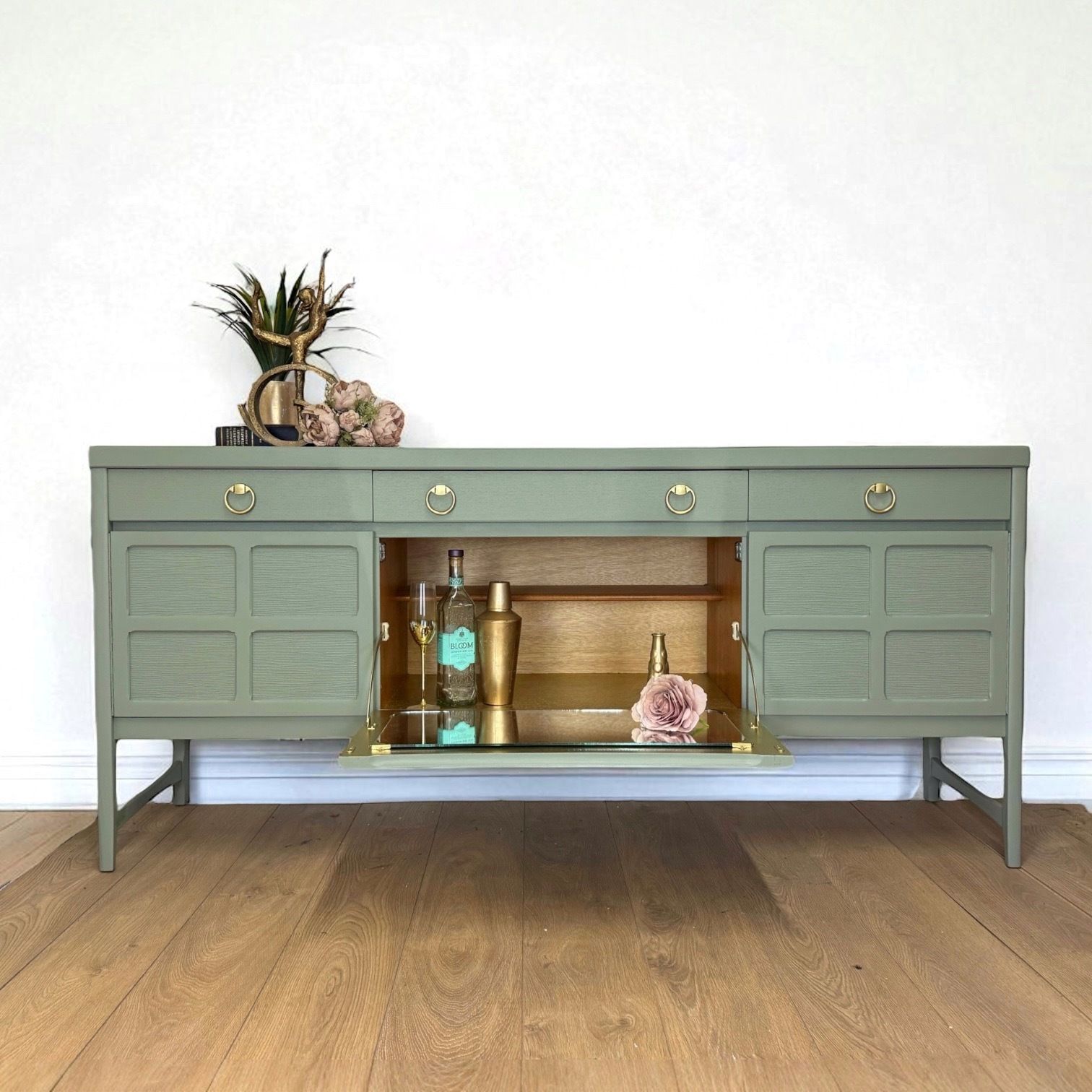 Made To Order Mid Century Modern Sage Green Nathan Sideboard, Drinks, Cocktail, Eucalyptus photo for sale