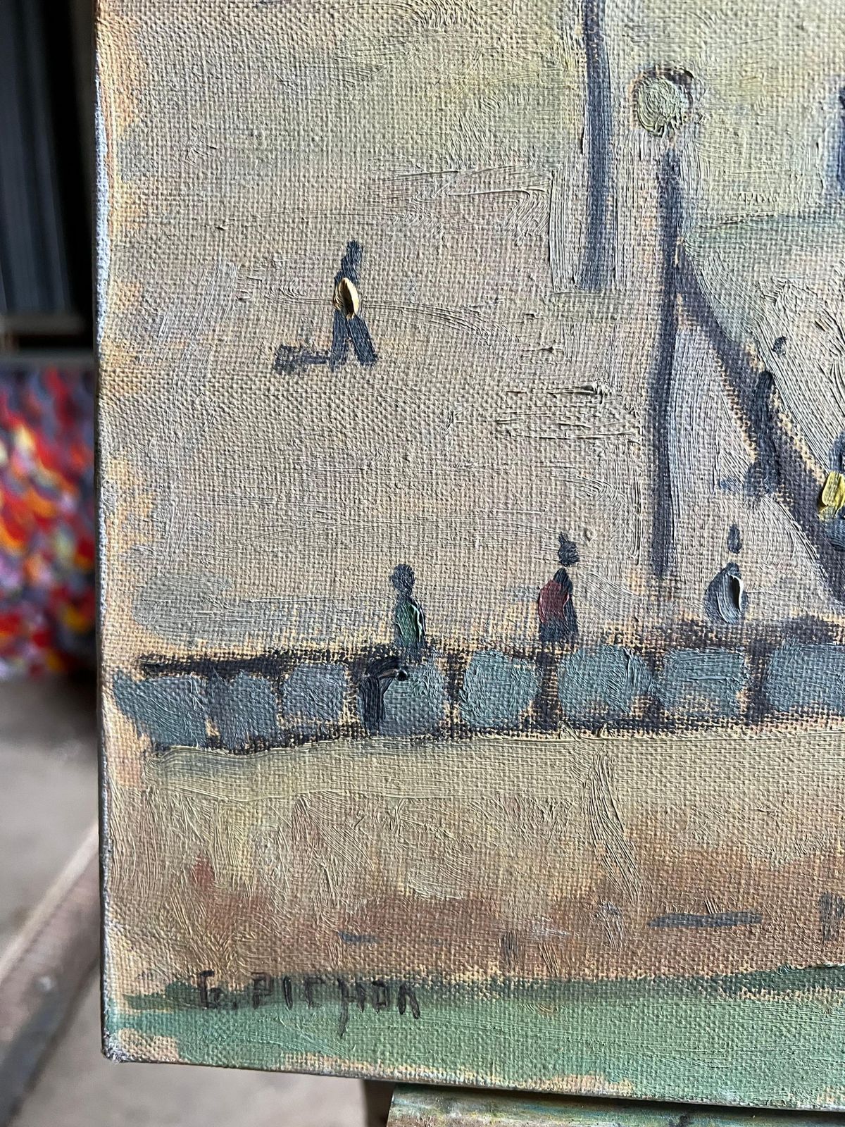 Guy Pichon French Coastal Seaside Scene With Figures Flags And Bathing Huts Landscape 2002 photo buy