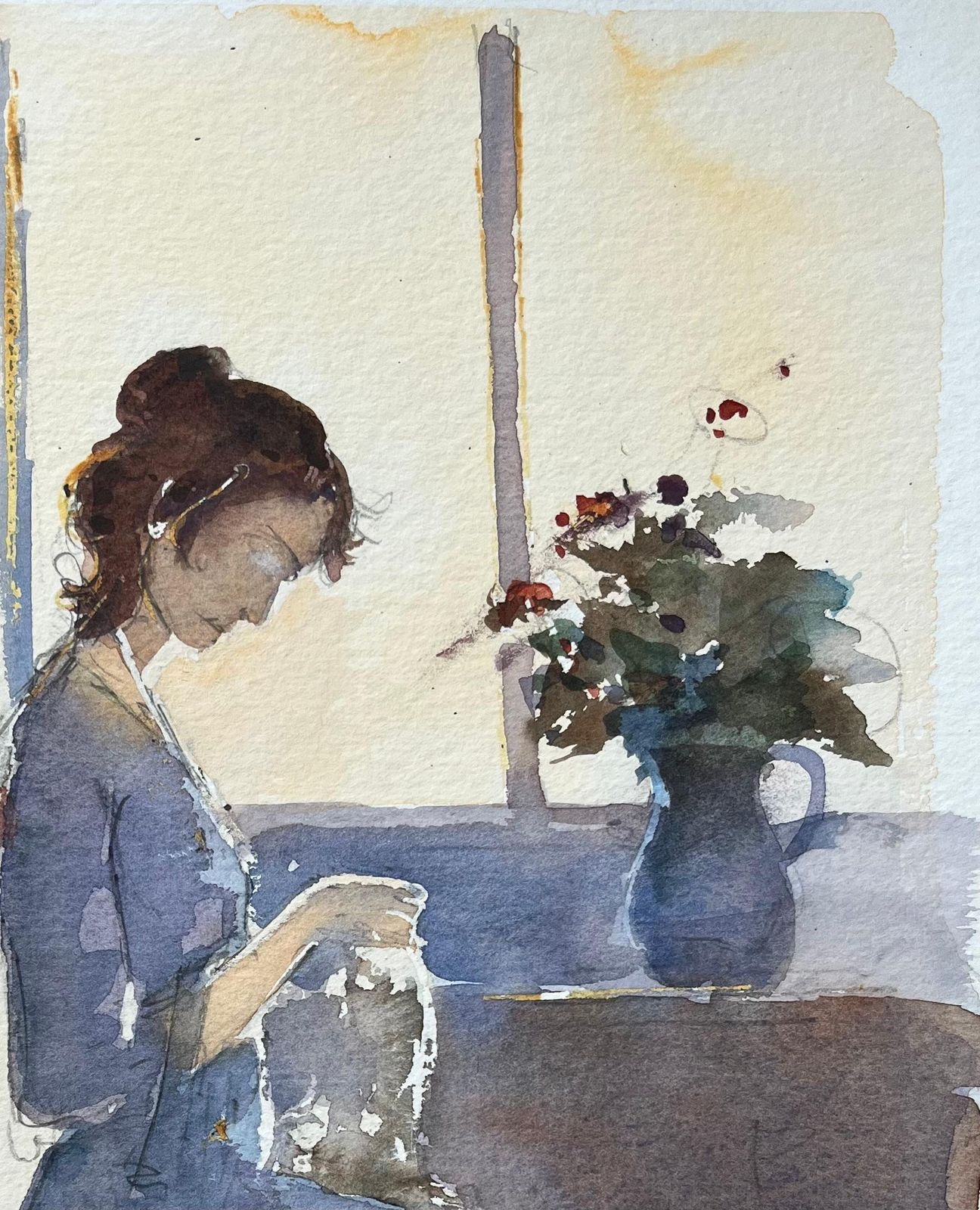 Anthony Avery British Watercolor Of A Woman Sewing By A Sunlit Window photo for sale
