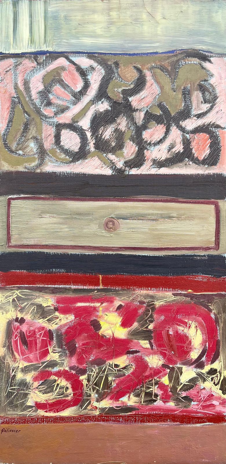 Gilbert Pelissier 1960's French Large Oil Layers Of Expression Textured Abstract Red & Yellows