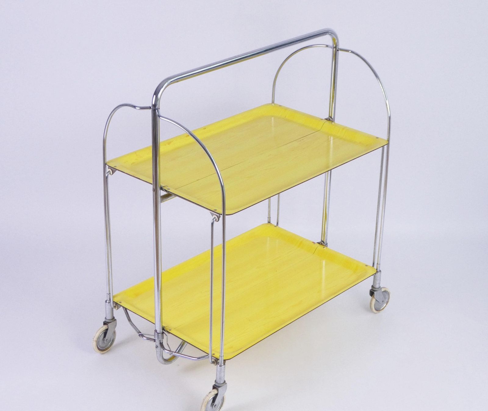 Mid Century Yellow Foldable Bar Cart, Rare 60’s Dinett Serving Trolley With Chrome Metal Design, Tea Cart Entertainment Trolley photo 389.0