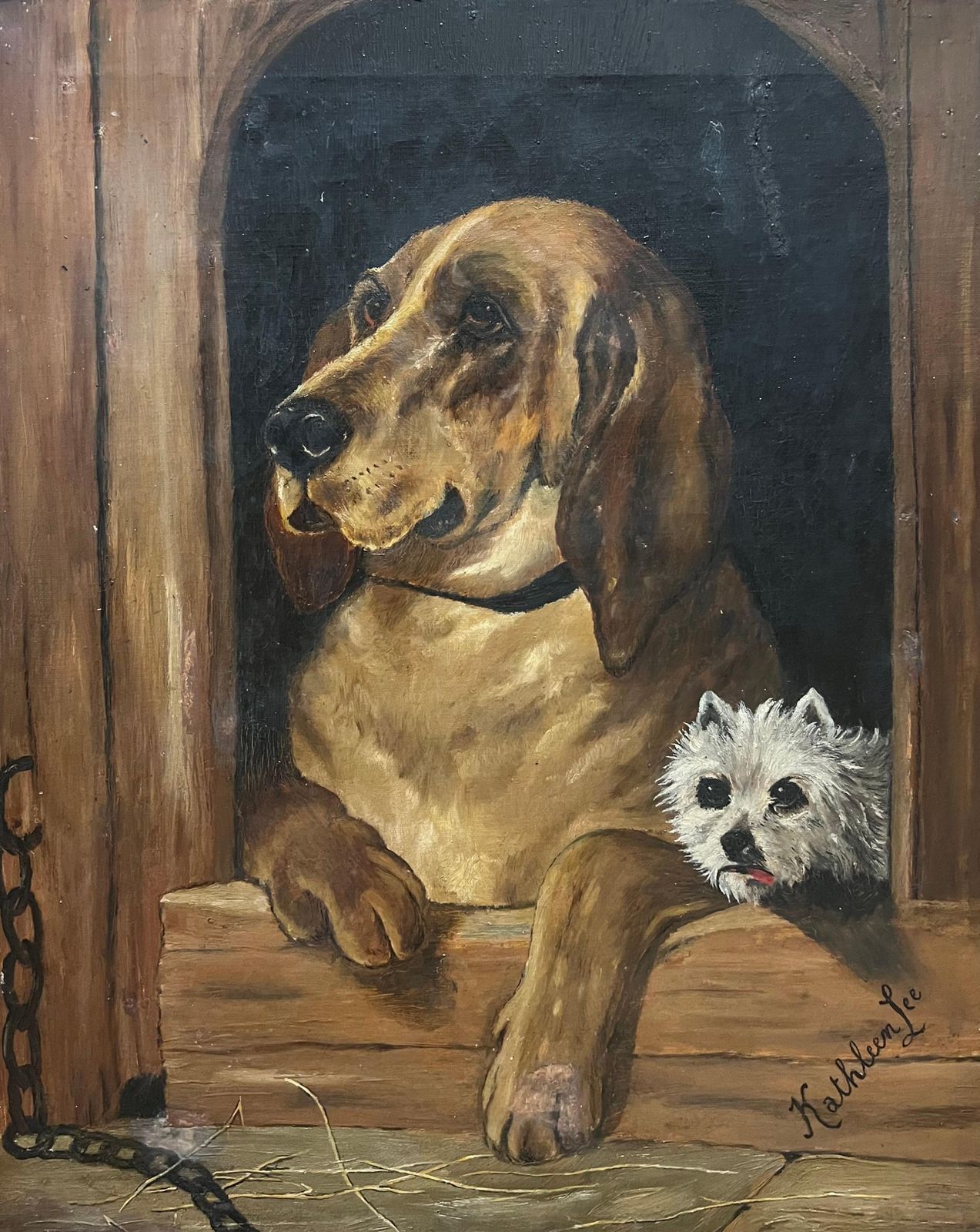 Kathleen Lee Antique Portrait Of Hound And Terrier Dogs In Kennel Oil Painting After Landseer