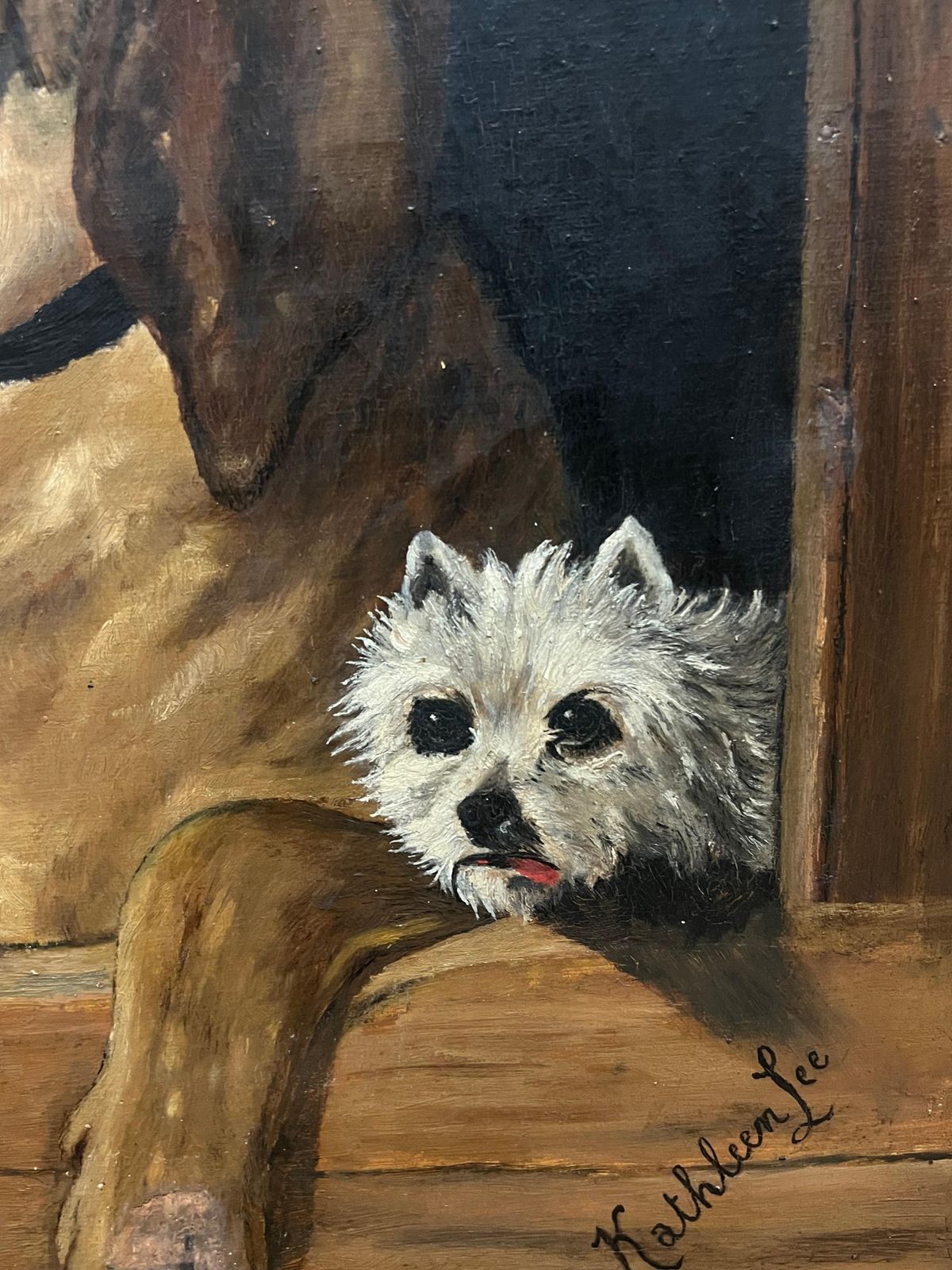Kathleen Lee Antique Portrait Of Hound And Terrier Dogs In Kennel Oil Painting After Landseer photo Art