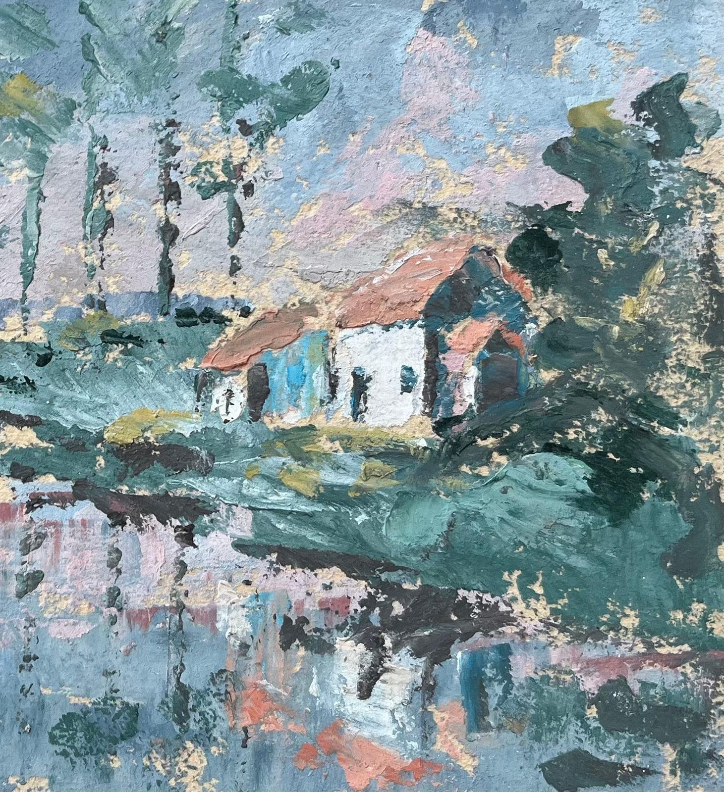 Fanch Lel French Impressionist Oil Painting Of Landscape Of Riverside Cottages At Dusk photo for sale