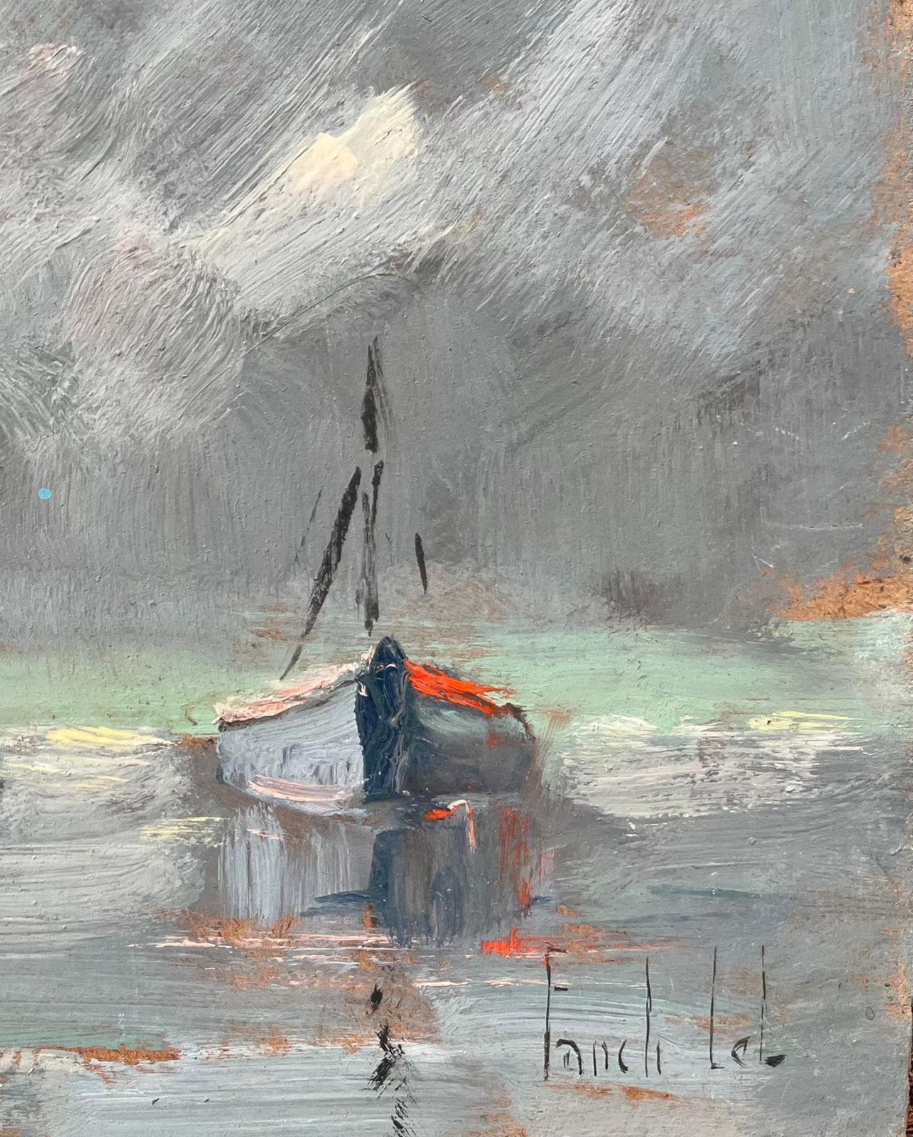 Fanch Lel French Impressionist Oil Painting Of Coastal Scene With Boat At Anchor photo for sale