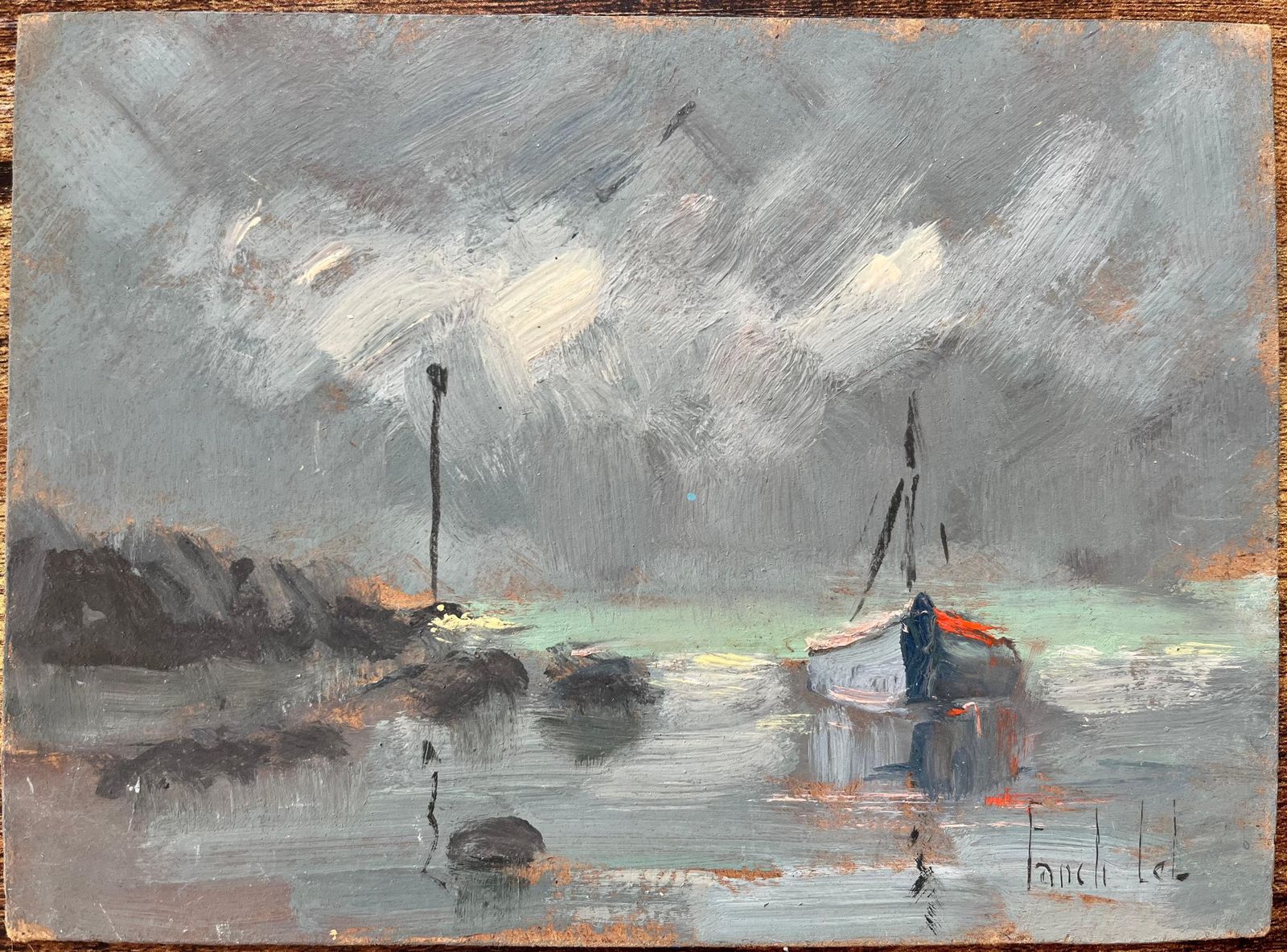 Fanch Lel French Impressionist Oil Painting Of Coastal Scene With Boat At Anchor photo Art