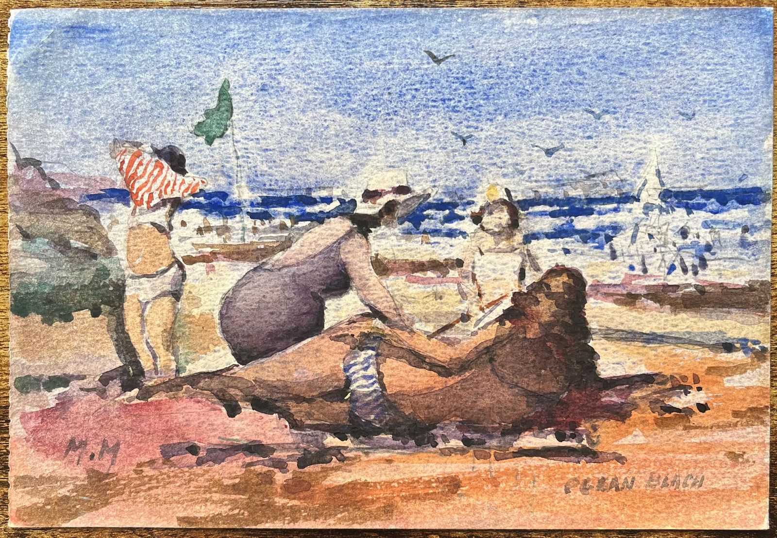 Maurice Mazeilie French Impressionist Watercolor Of Families Enjoying Ocean Beach photo furniture