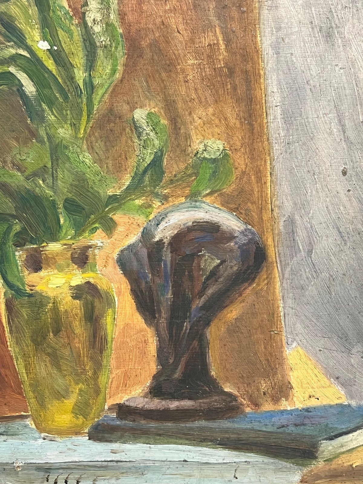 Simone Forge Still Life With Vibrant Green Foliage In Yellow Glass Vase Sculpture On Table 19th Century photo for sale