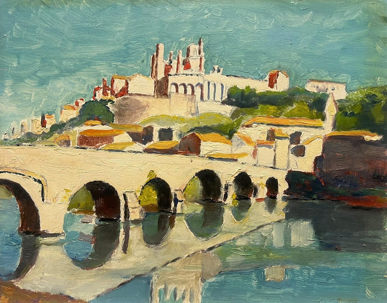 Leon Dupin Vintage French Oil Sunlit Reflections Riverside View Historic Bridge Cityscape Mid 20th Century