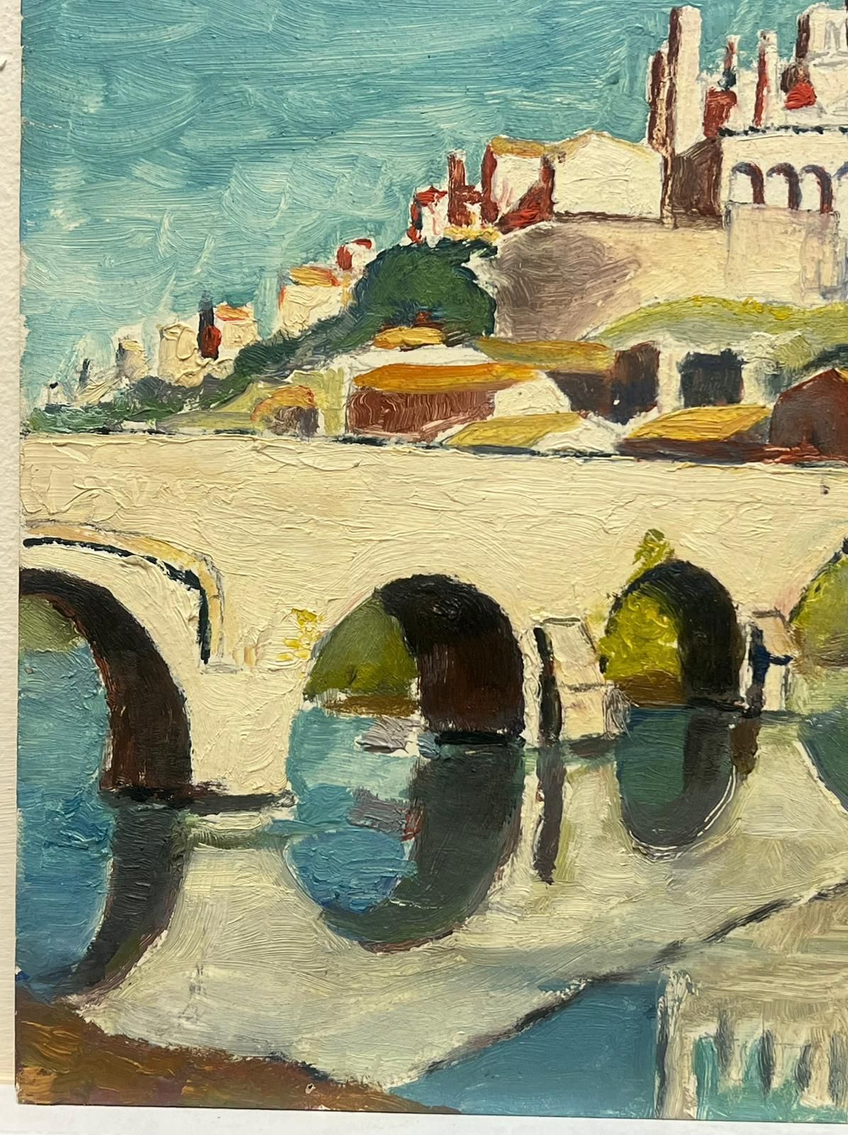 Leon Dupin Vintage French Oil Sunlit Reflections Riverside View Historic Bridge Cityscape Mid 20th Century photo for sale