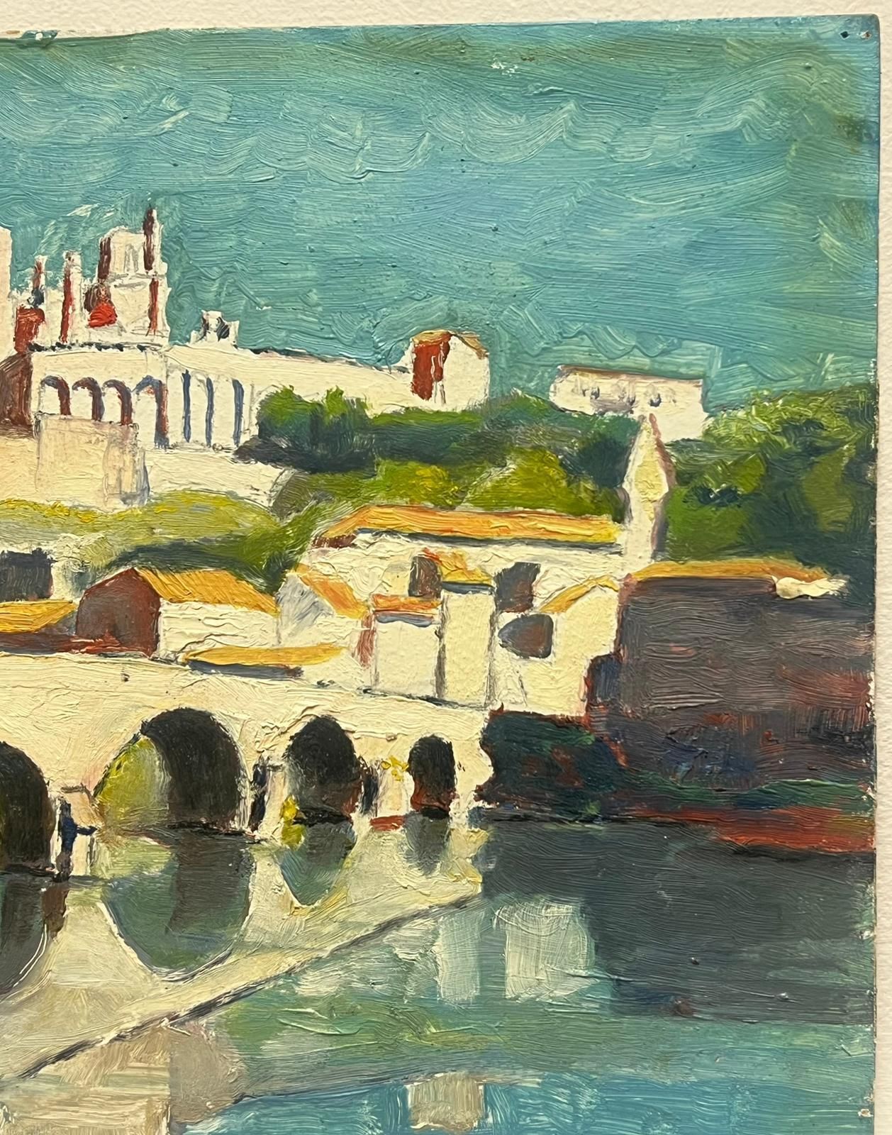 Leon Dupin Vintage French Oil Sunlit Reflections Riverside View Historic Bridge Cityscape Mid 20th Century photo Art