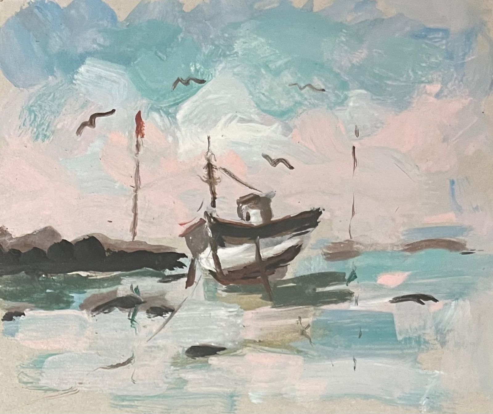 French Impressionist Acrylic Painting Of A Solitary Boat At Low Tide