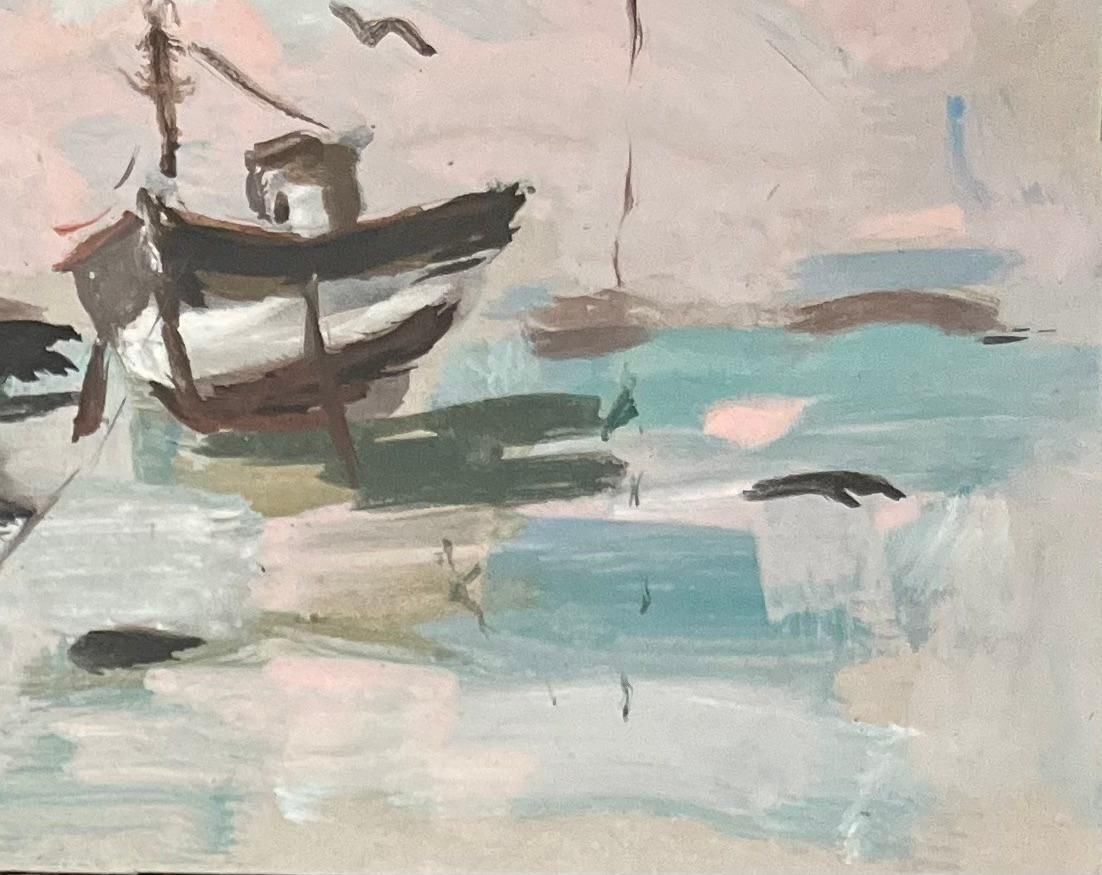 French Impressionist Acrylic Painting Of A Solitary Boat At Low Tide photo for sale