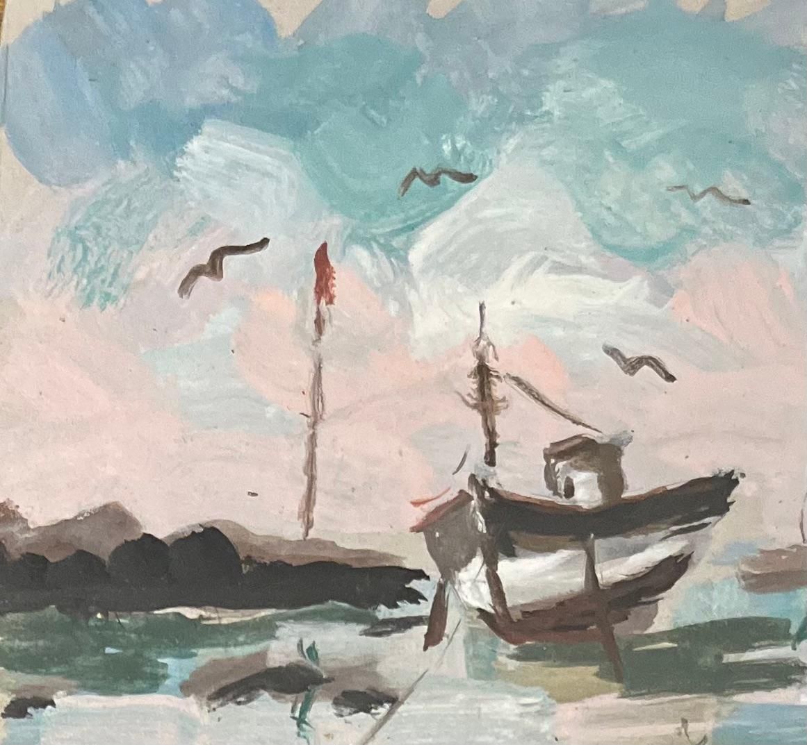 French Impressionist Acrylic Painting Of A Solitary Boat At Low Tide photo 465.0