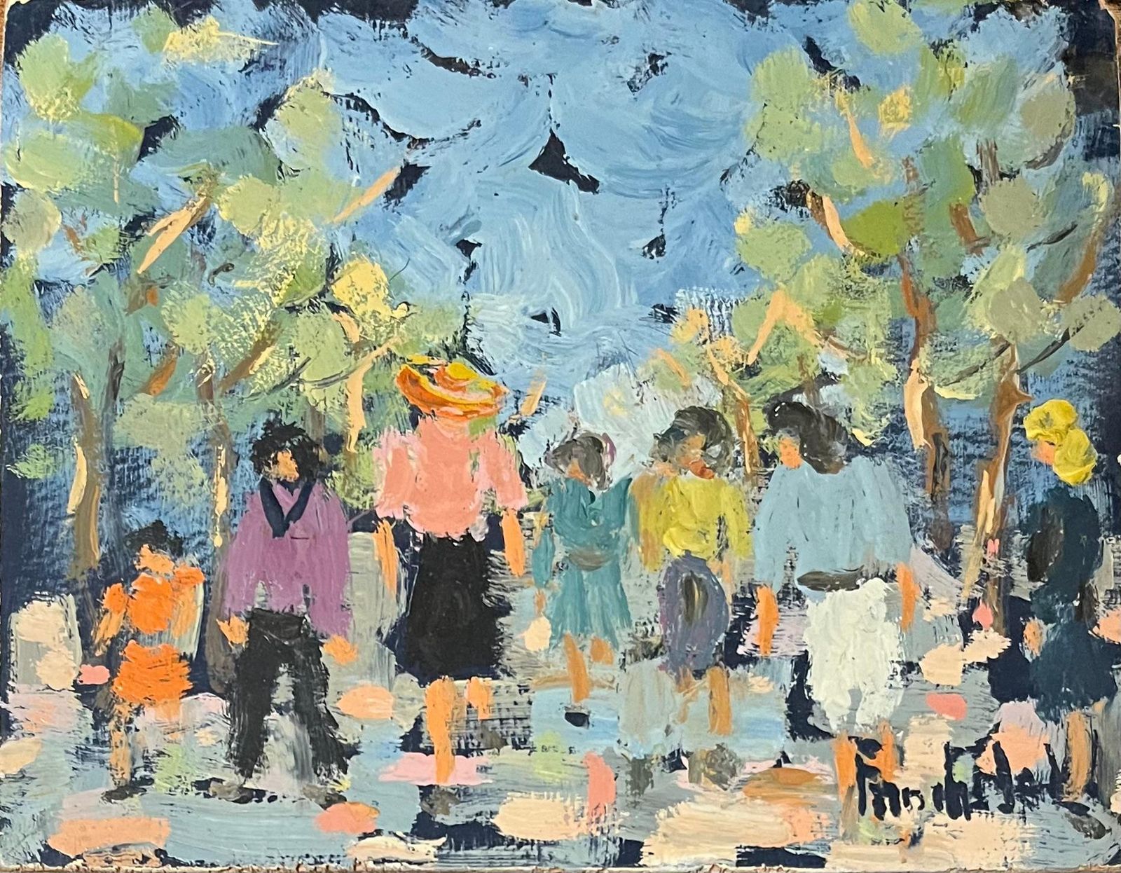 French Impressionist Oil Painting Of Figures Walking Through A Sunlit Park