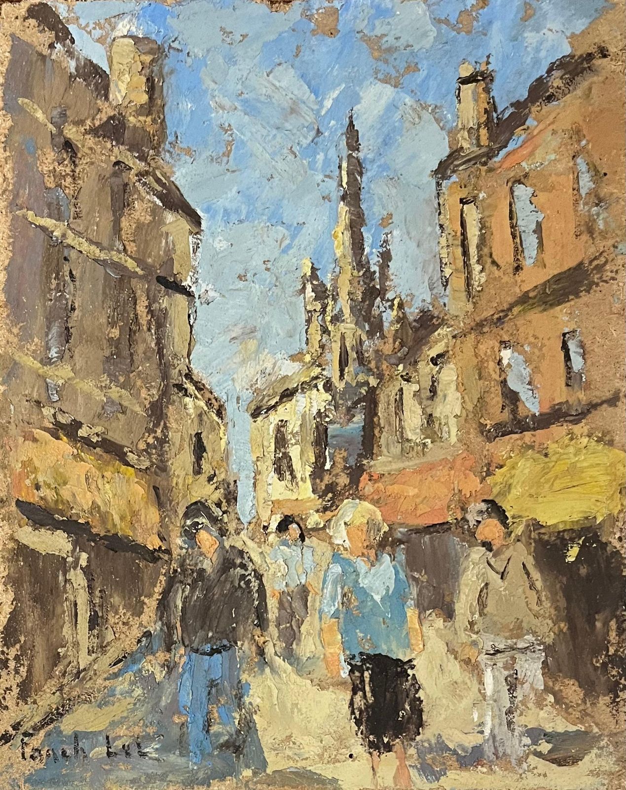 French Impressionist Oil Painting Of Figures Walking Along A Street In A Town 20th Century