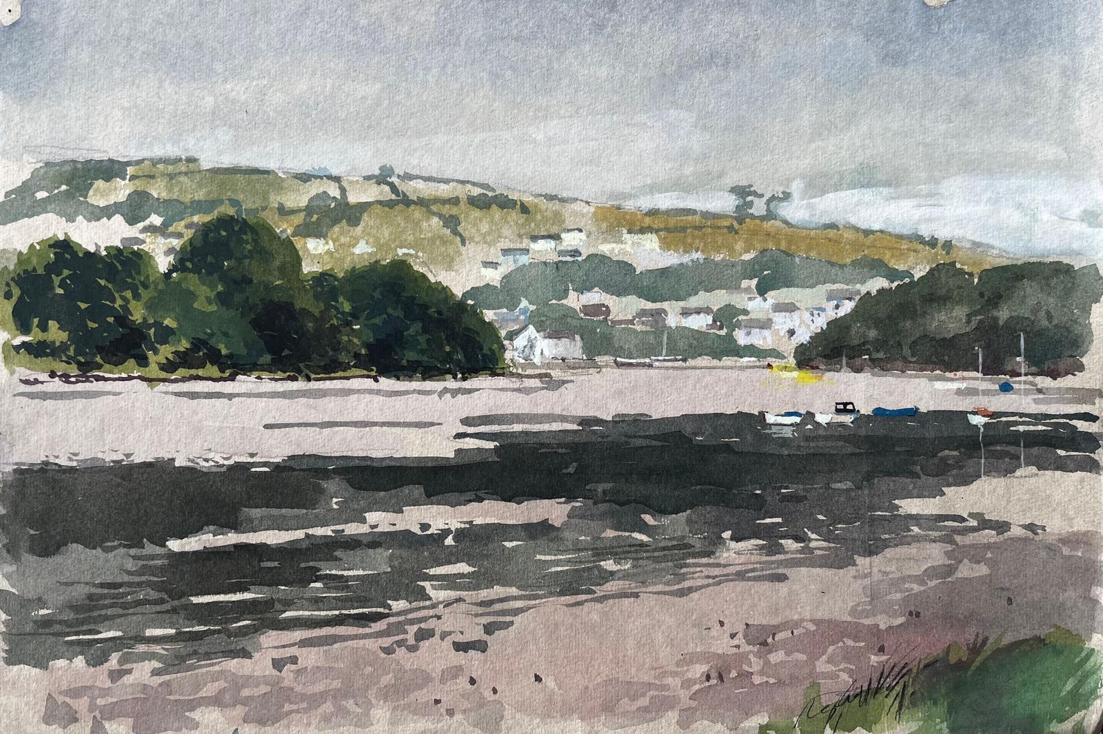 Anthony Herbert Estuary View With Boats And Hills Distant View Of Cardigan From St Dogmaels 1980
