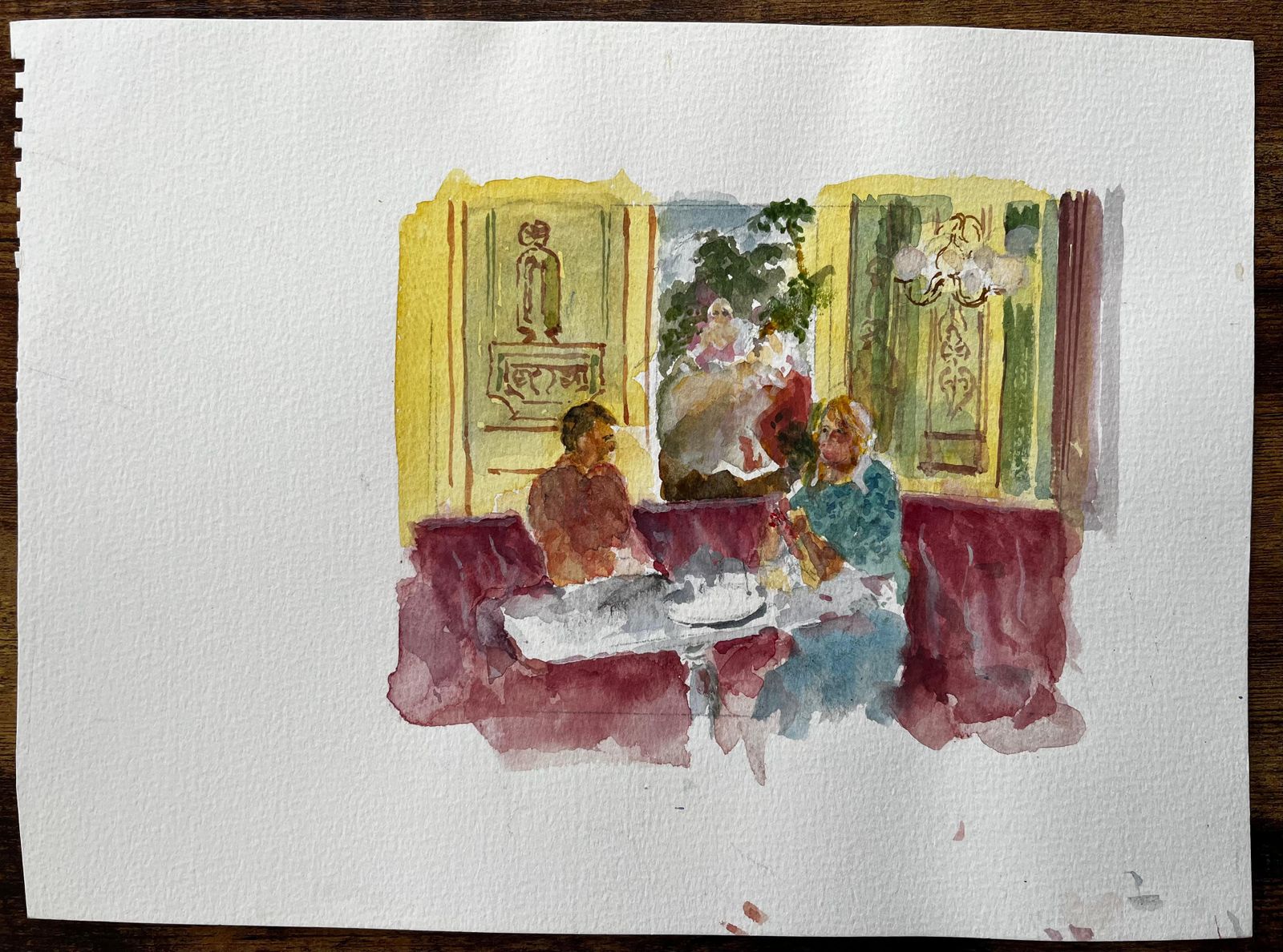 Anthony Herbert Café Interior With Man And Woman Seated Burgundy Banquette And Parisian Décor photo furniture