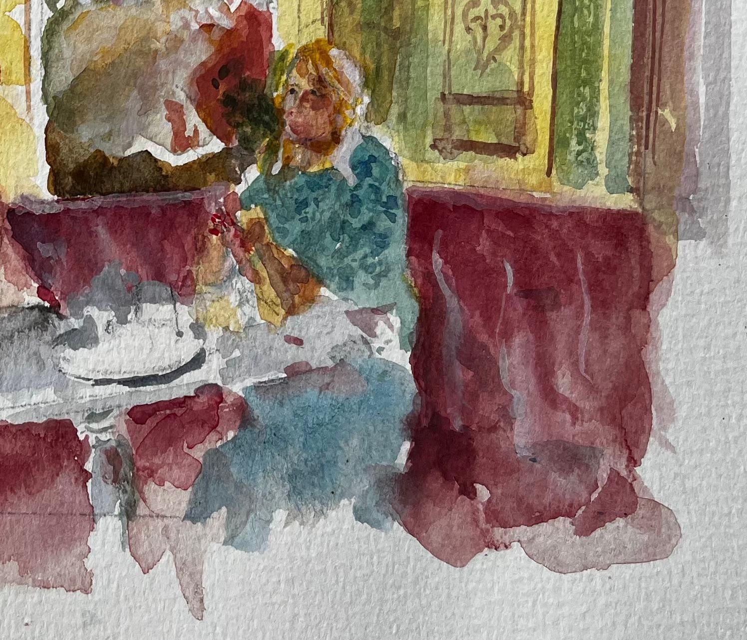 Anthony Herbert Café Interior With Man And Woman Seated Burgundy Banquette And Parisian Décor photo for sale
