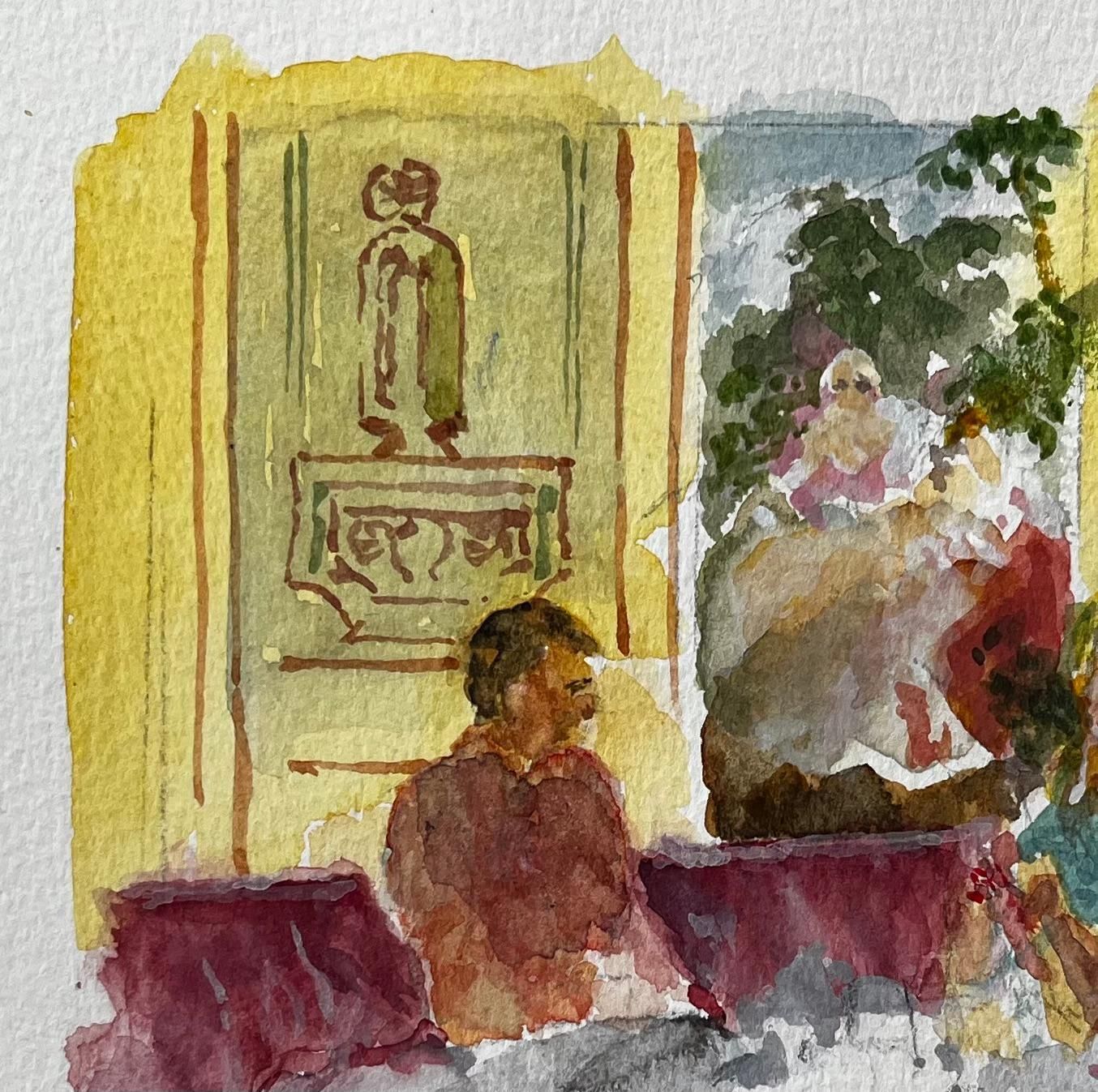 Anthony Herbert Café Interior With Man And Woman Seated Burgundy Banquette And Parisian Décor photo vinterior