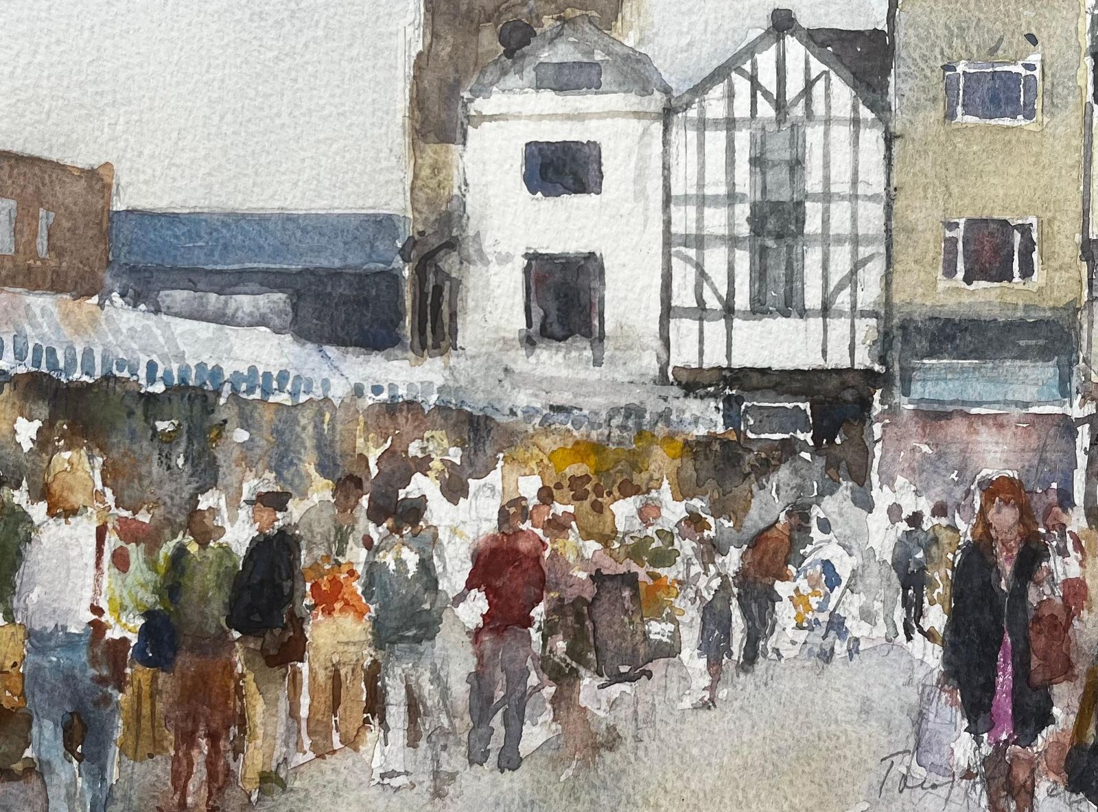 Anthony Herbert Kingston Market London Watercolour Of Bustling Street Scene With Tudor Facade photo buy