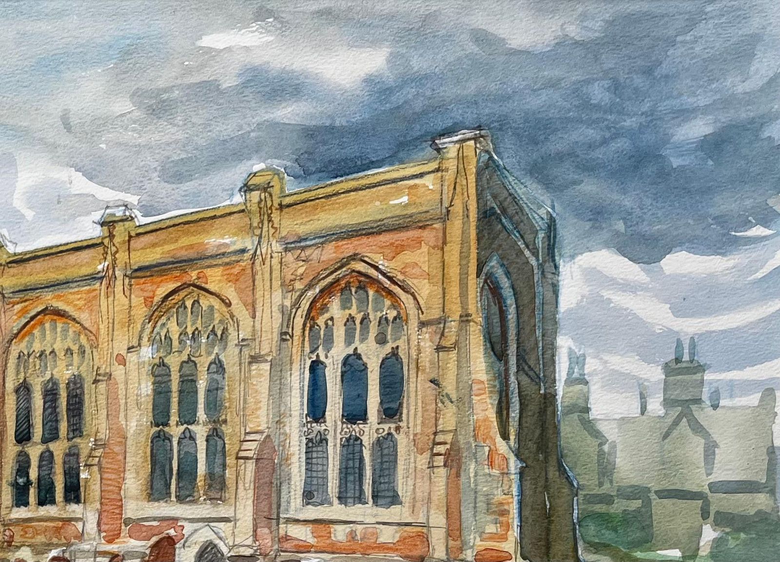 John Steane (B.1931) Adderbury Church Oxfordshire Watercolour With Gravestones And Dramatic Sky 2000 photo 420.0