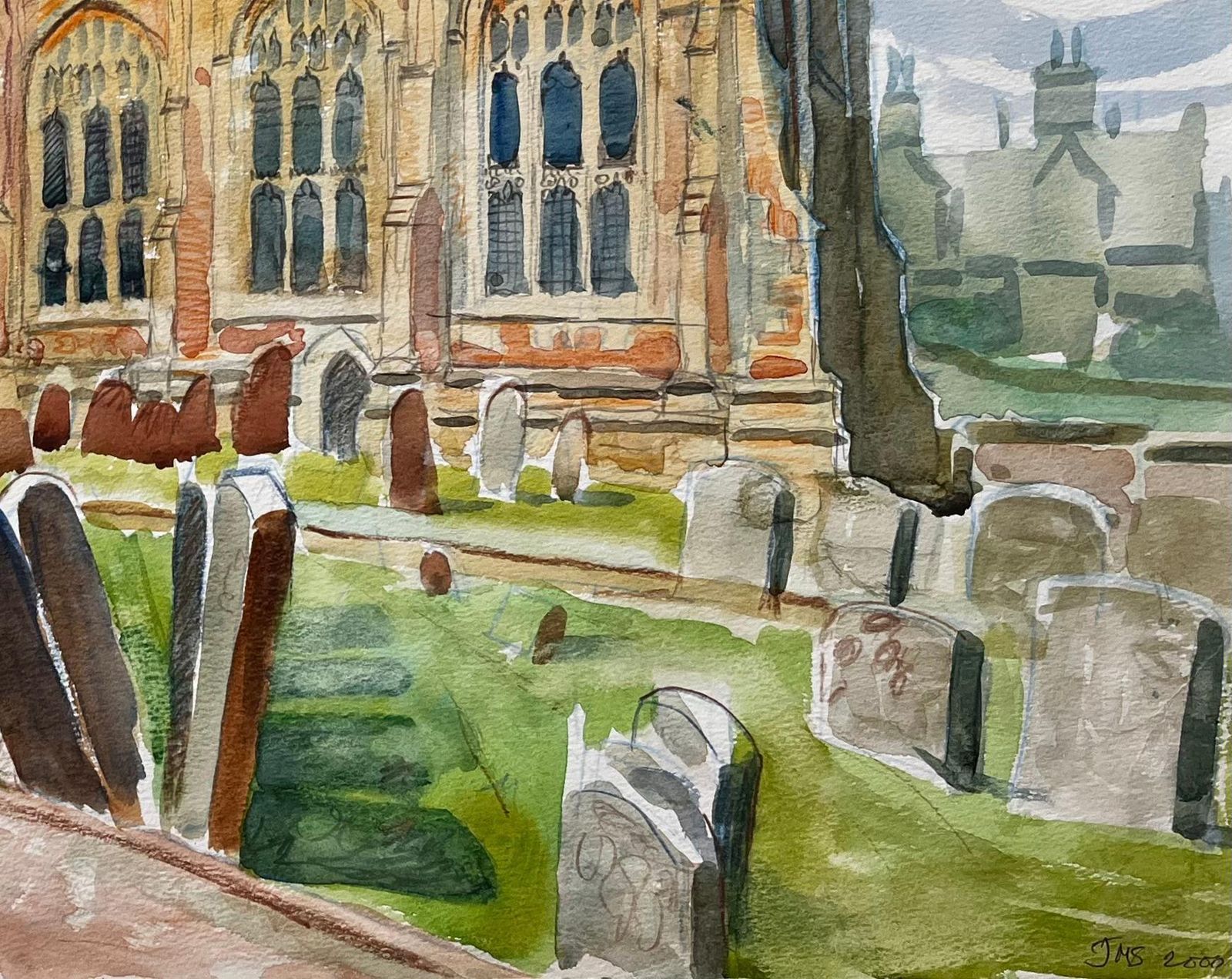 John Steane (B.1931) Adderbury Church Oxfordshire Watercolour With Gravestones And Dramatic Sky 2000 photo vinterior