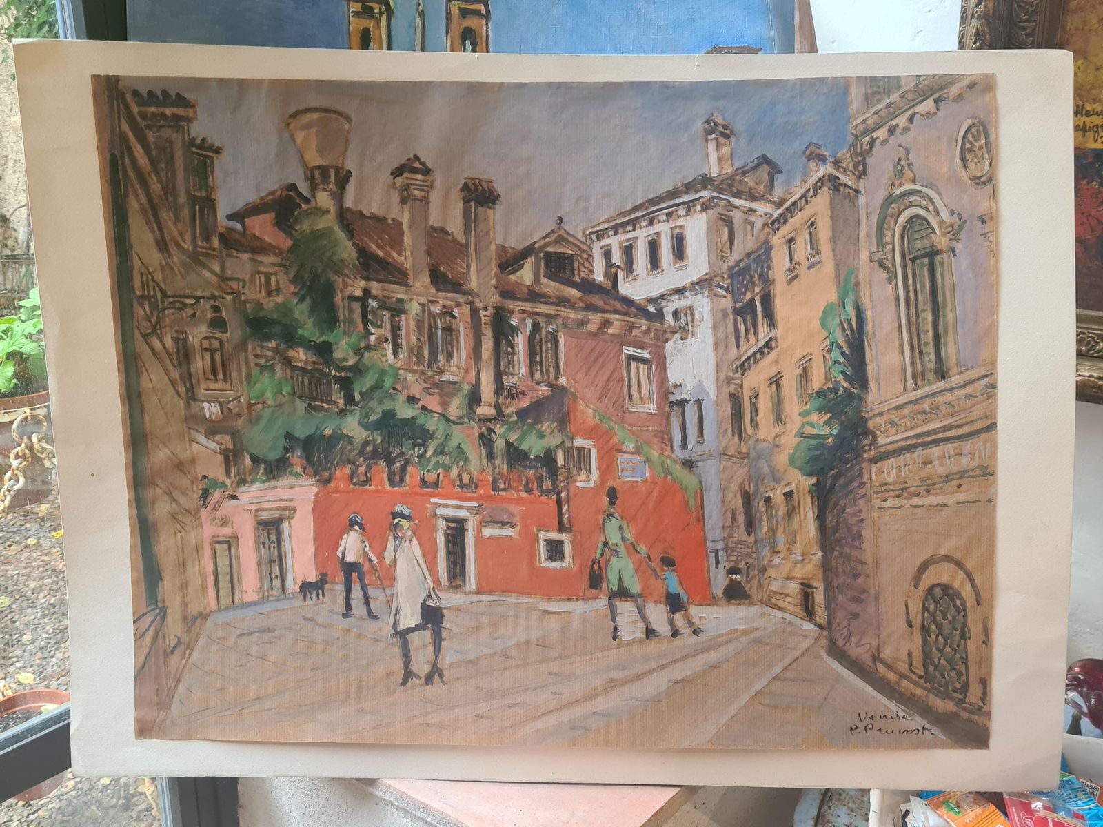 photo for sale Venice, Large Mid 20th Century Gouache On Paper, A Walk In The Piazza, 1960s By Pierre Pruvost