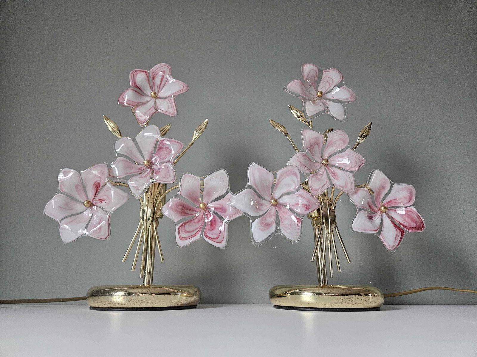 A Set Of 2 / Vintage Murano Glass Table Lamps / Pink Flowers Lamp / Italian Design / Hand Blown Glass photo for sale