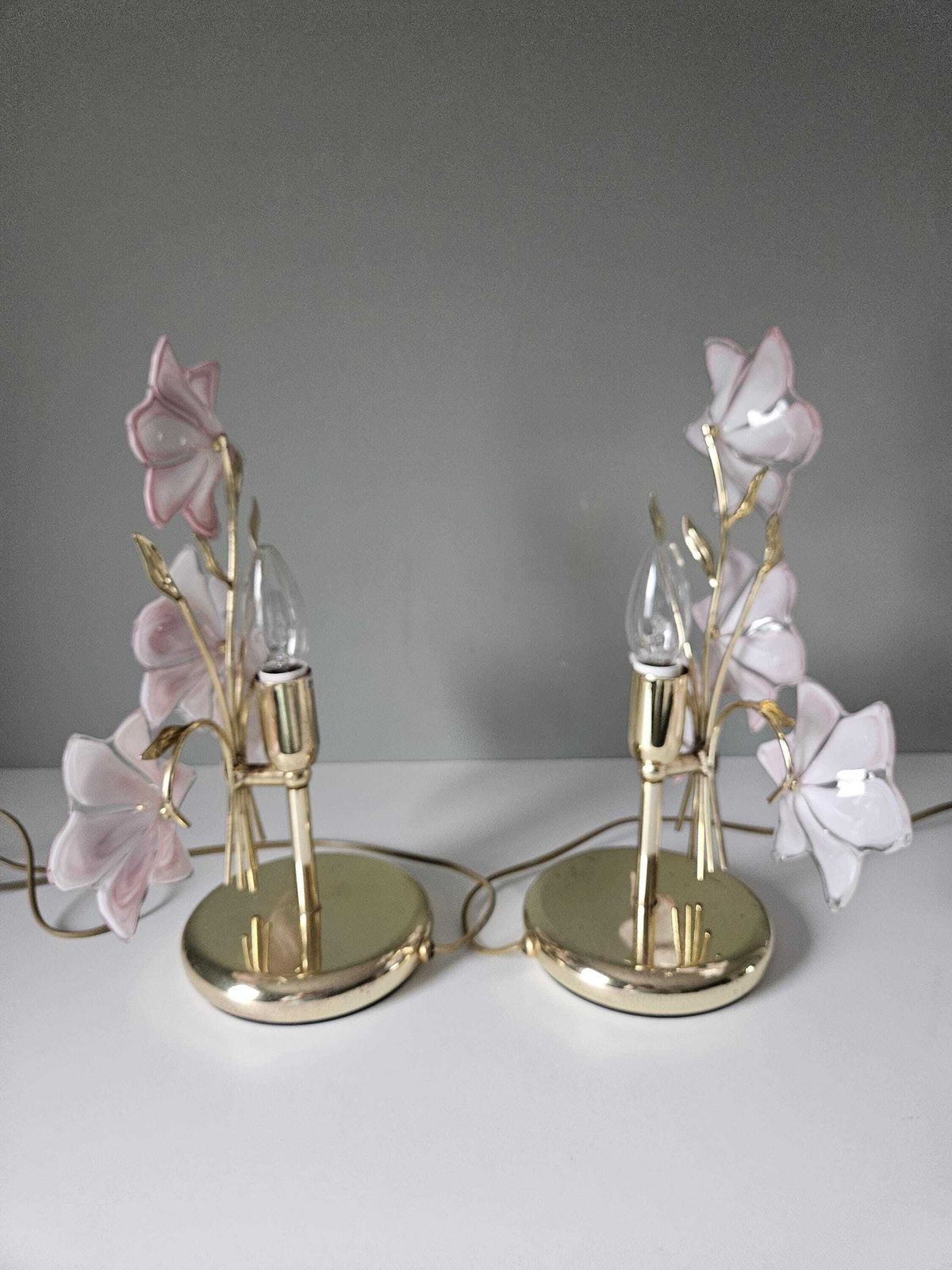 A Set Of 2 / Vintage Murano Glass Table Lamps / Pink Flowers Lamp / Italian Design / Hand Blown Glass photo vinterior