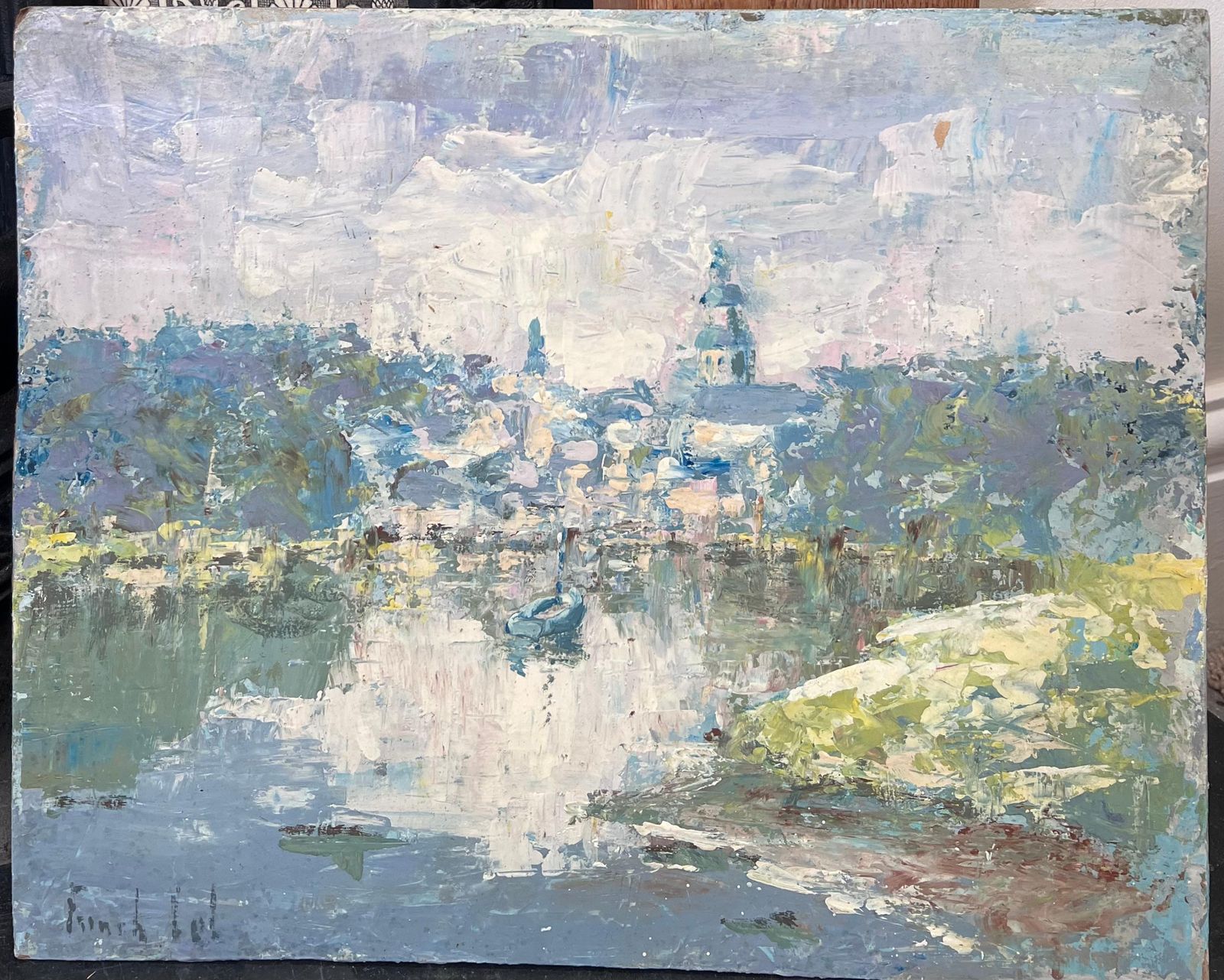 Fanch Lel Boat In Dappled Lake Blurred Town French Landscape Oil Painting photo furniture