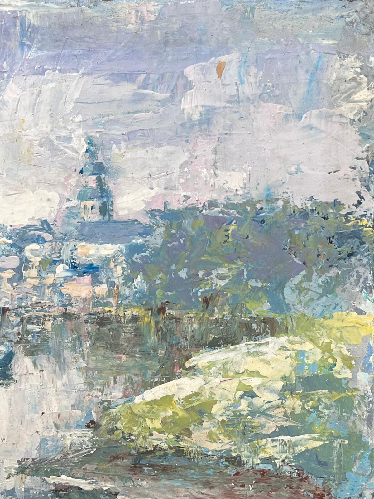 Fanch Lel Boat In Dappled Lake Blurred Town French Landscape Oil Painting photo Art