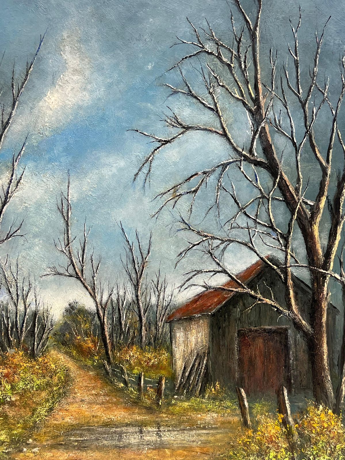 Jean Fourie Country Road With Bare Trees And Winter Barn Landscape Oil Painting photo vinterior