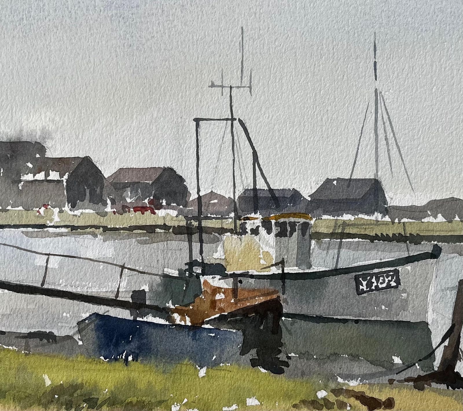 Anthony Herbert Southwold Harbour Fishing Boats And Jetty Coastal Watercolour Scene 1995 photo buy