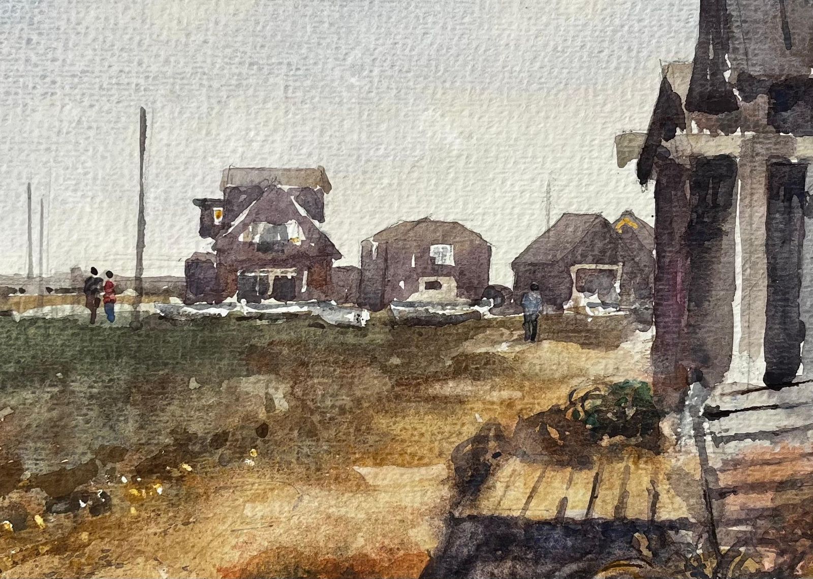 Anthony Herbert Walberswick Coastal Cottages With Figures And Fishing Shed Watercolour Scene photo vintage