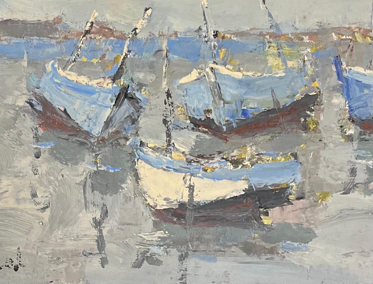 French Impressionist Oil Painting Of Boats Moored In A Tranquil Harbor photo for sale