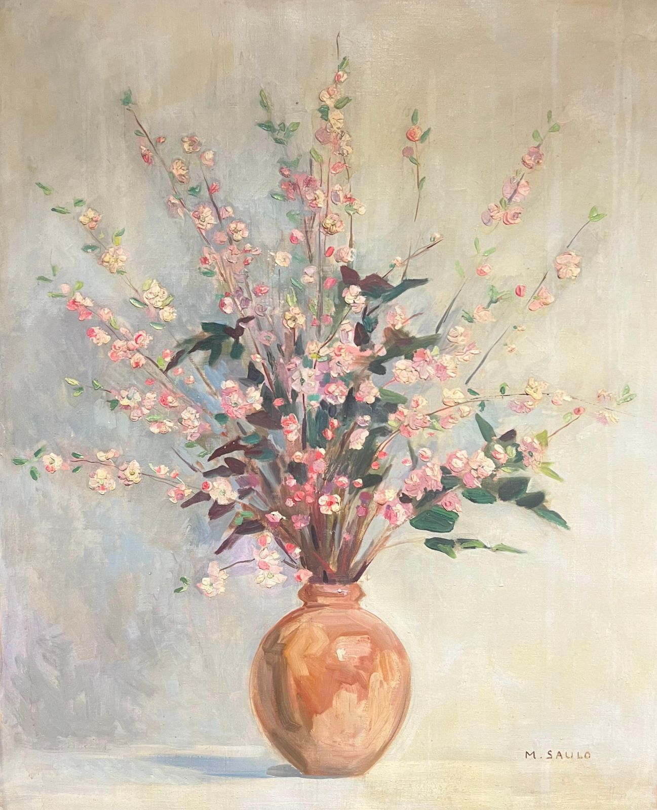 Huge Mid Century French Oil Floral Still Life Pink Blossoms In Terracotta Vase Mid 20th Century