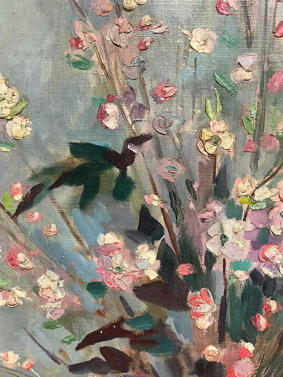 Huge Mid Century French Oil Floral Still Life Pink Blossoms In Terracotta Vase Mid 20th Century photo 1250.0