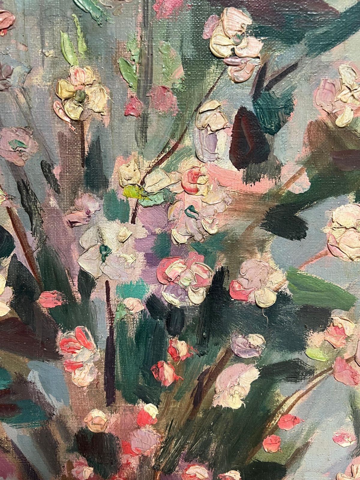 Huge Mid Century French Oil Floral Still Life Pink Blossoms In Terracotta Vase Mid 20th Century photo vinterior