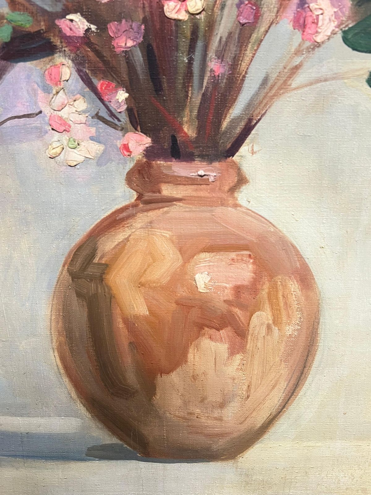 Huge Mid Century French Oil Floral Still Life Pink Blossoms In Terracotta Vase Mid 20th Century photo vintage