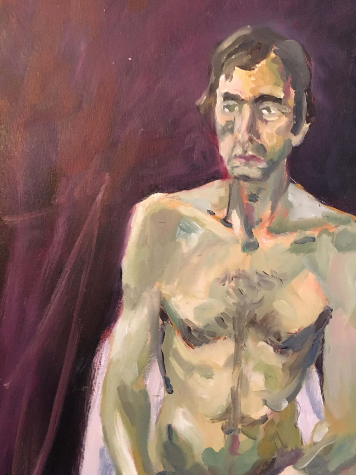 English 20th Century Nude Male Portrait, Burgundy Colour, Original Oil Painting C.1950s photo Art