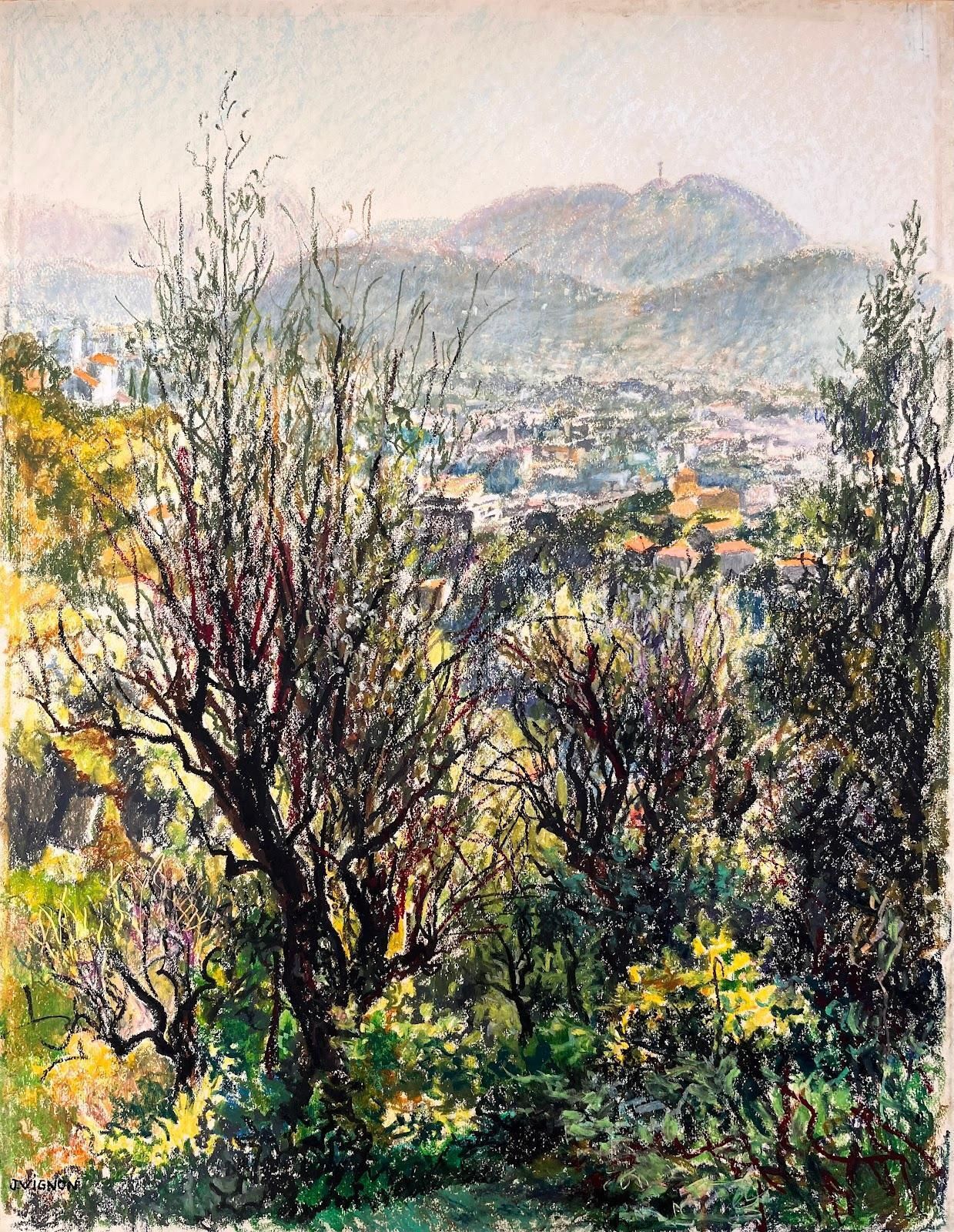 Josine Vignon Mid Century French Original Painting Of A Hillside Cityscape W/ Lush Vegetation 1950's photo furniture