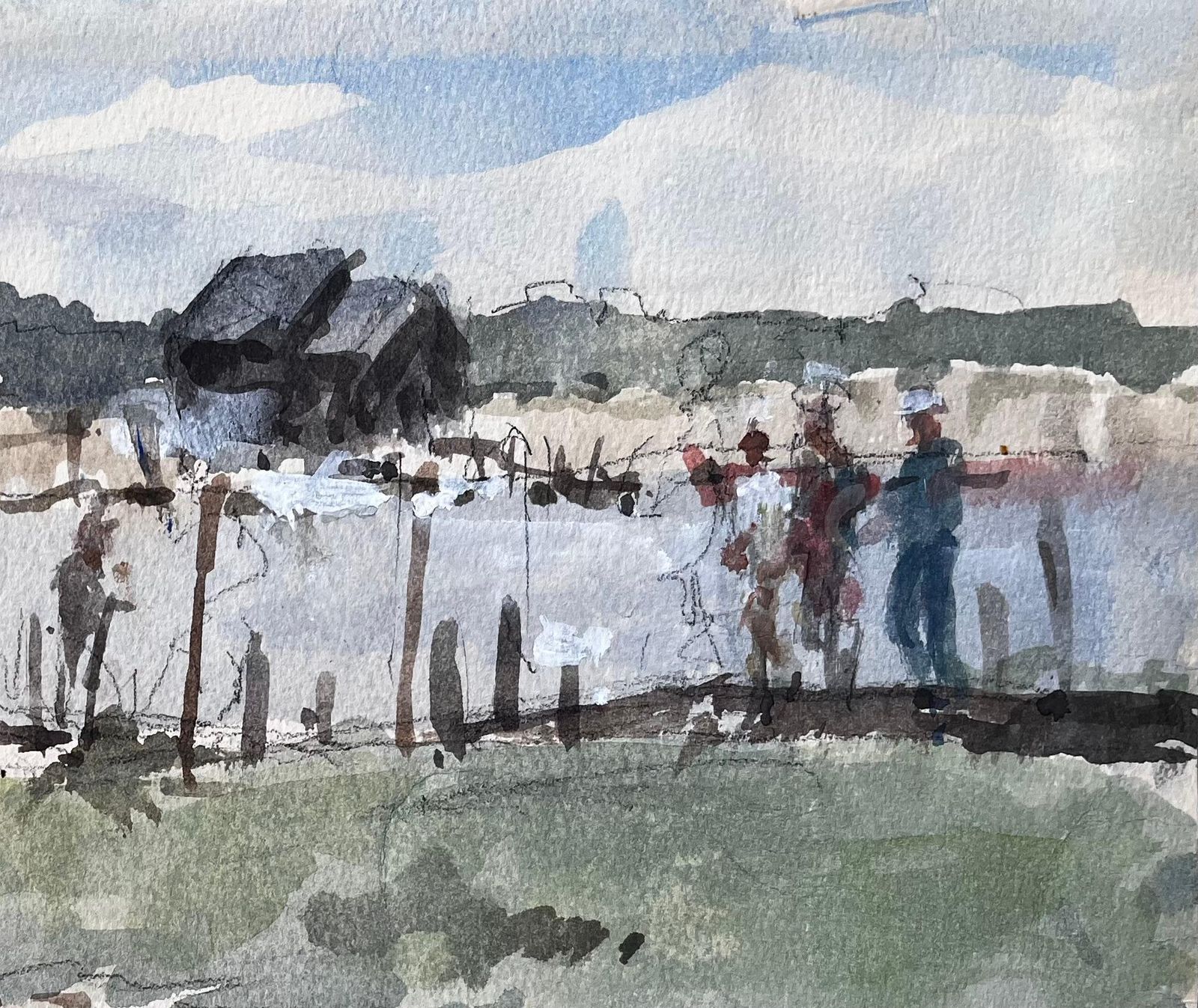 Anthony Herbert Original Watercolour Riverside Jetty With Figures 2006 By Tony Herbert 2006 photo for sale