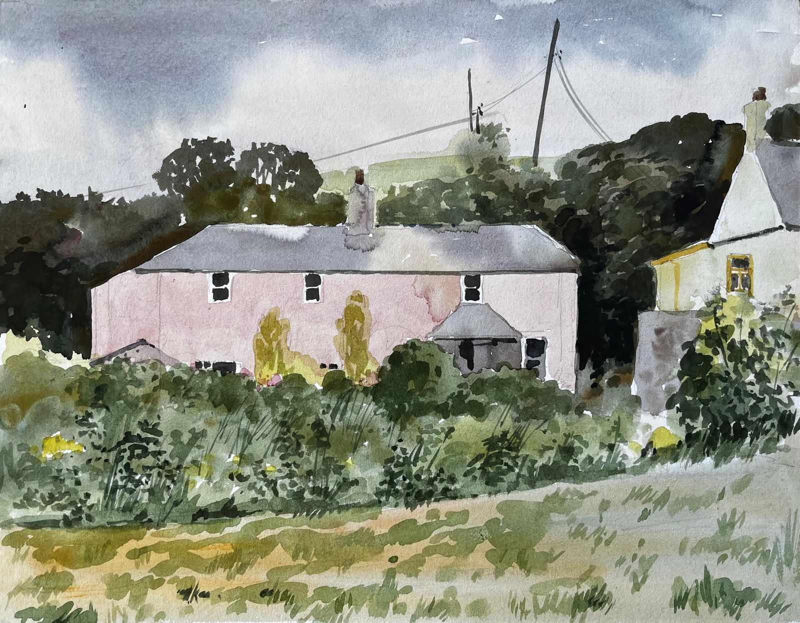 Anthony Herbert Bude Cornwall Pink House Landscape With Trees And Garden Watercolour 1978